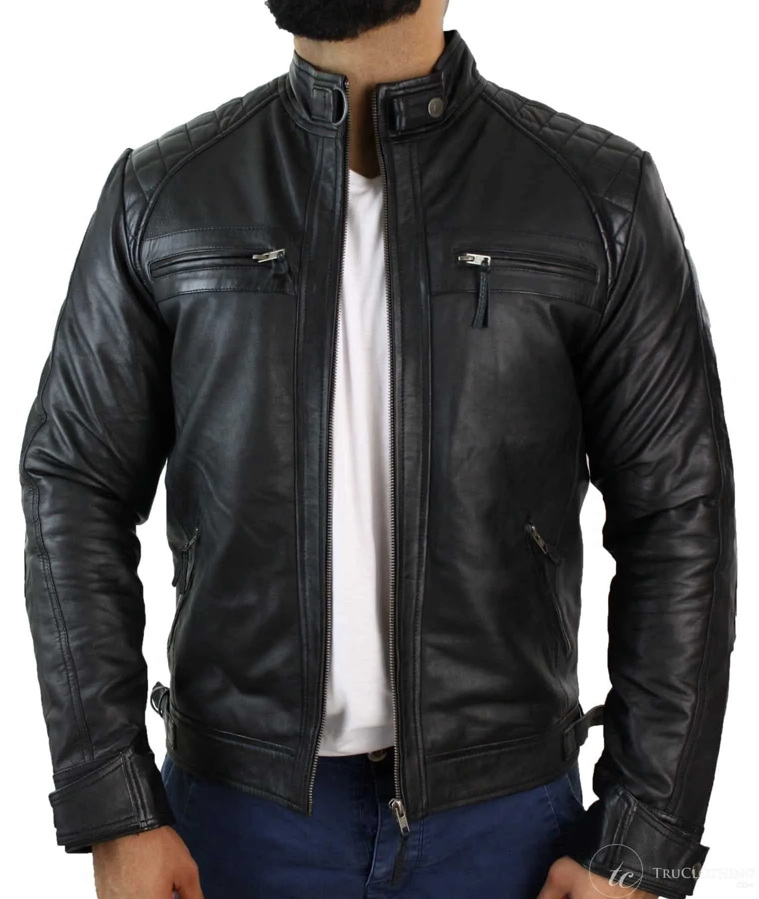 Real Leather Retro Style Zipped Mens Biker Jacket Soft Black Casual-Black