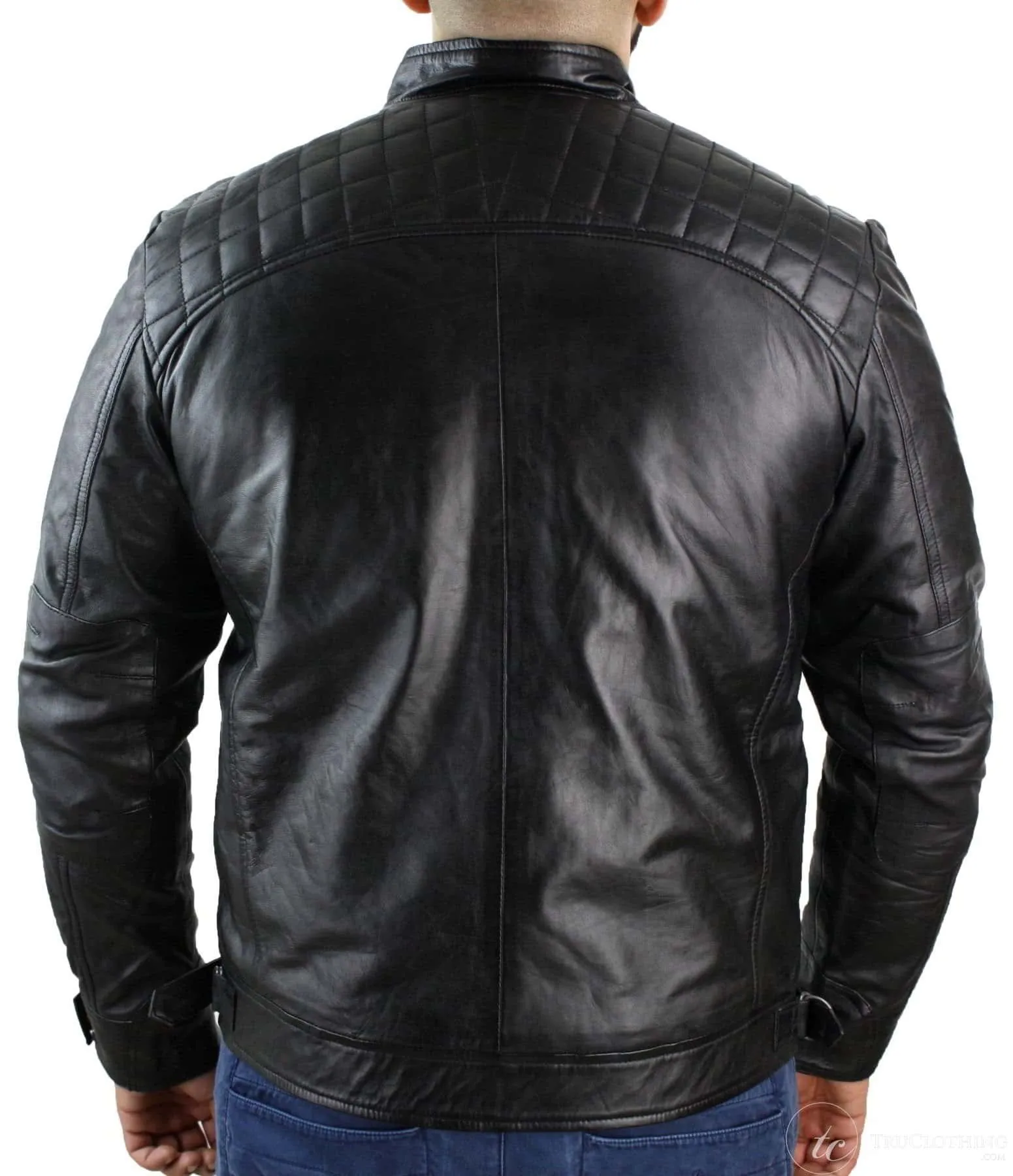 Real Leather Retro Style Zipped Mens Biker Jacket Soft Black Casual-Black