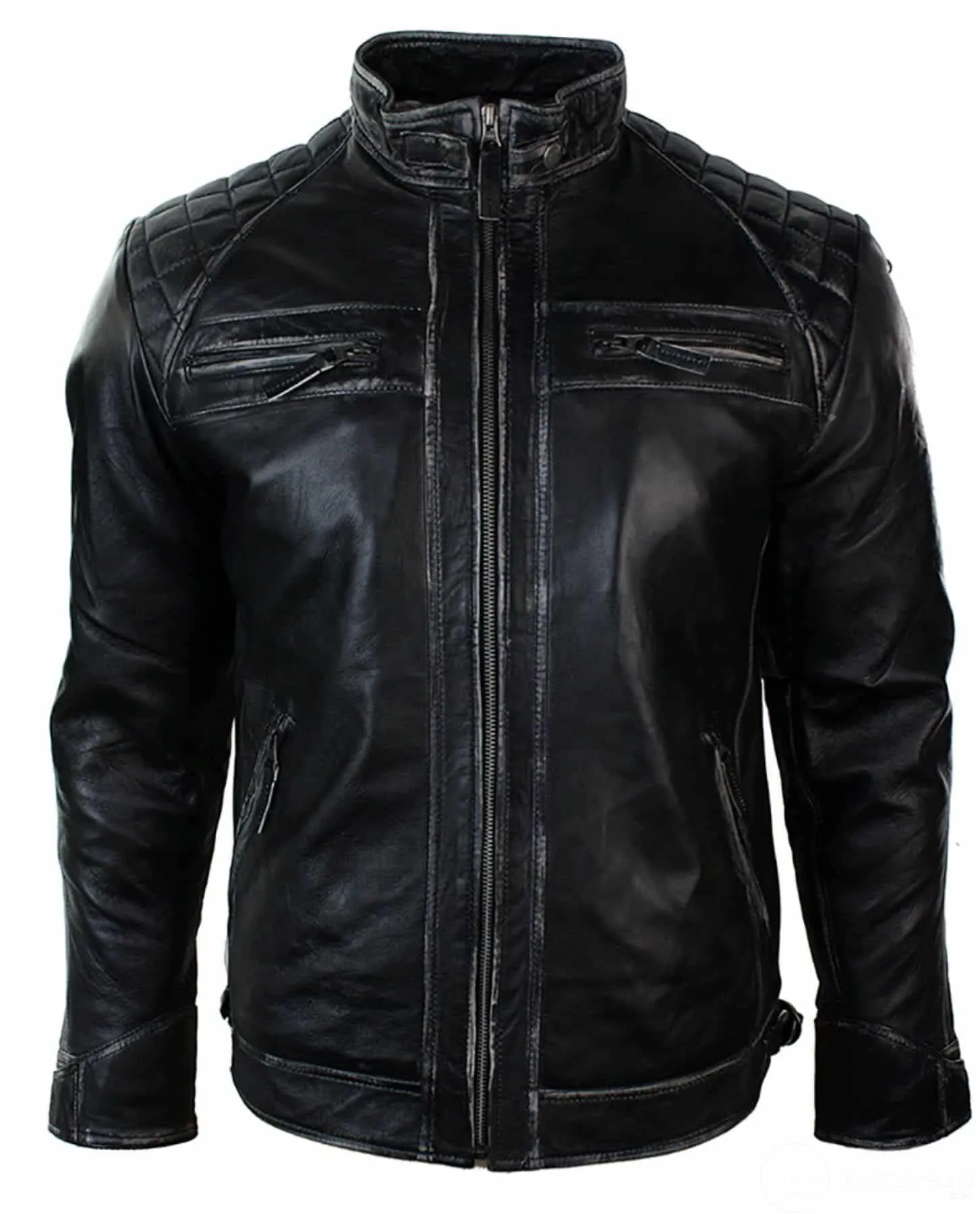 Real Leather Retro Style Zipped Mens Biker Jacket Soft Black Vintage Look