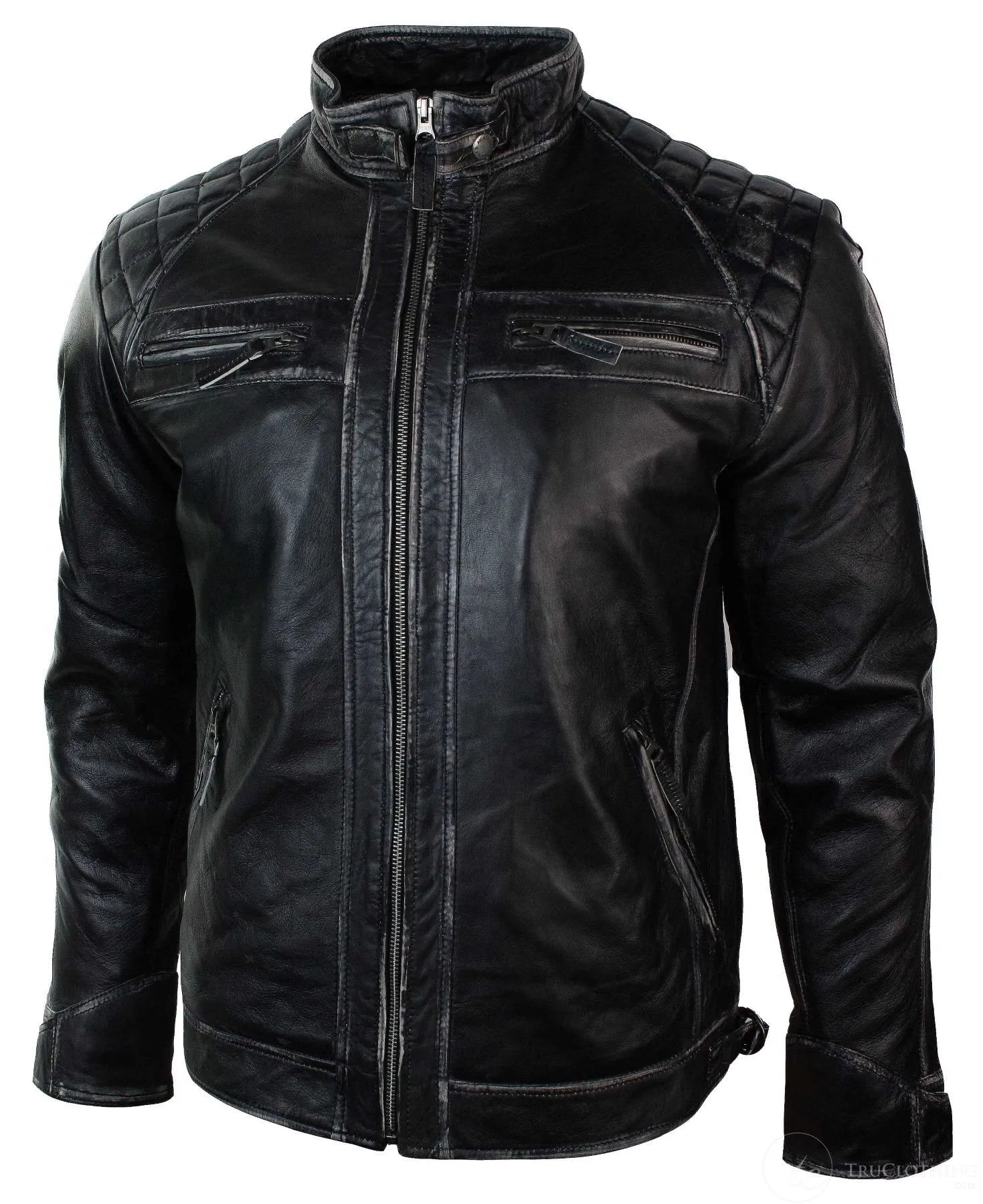 Real Leather Retro Style Zipped Mens Biker Jacket Soft Black Vintage Look