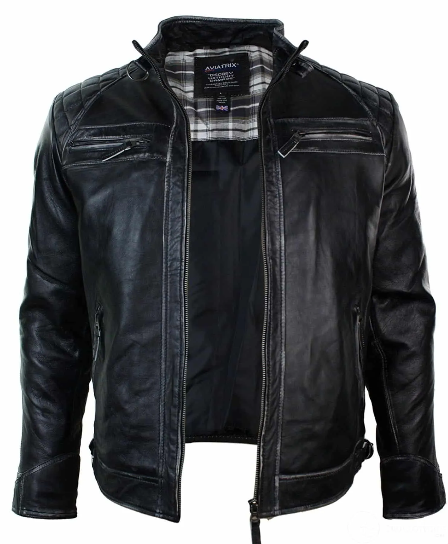 Real Leather Retro Style Zipped Mens Biker Jacket Soft Black Vintage Look