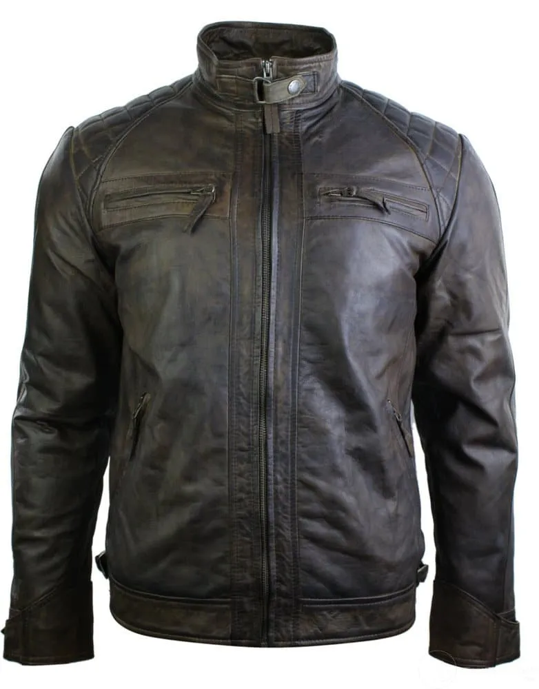 Real Leather Retro Style Zipped Mens Biker Jacket Soft Brown Vintage Look