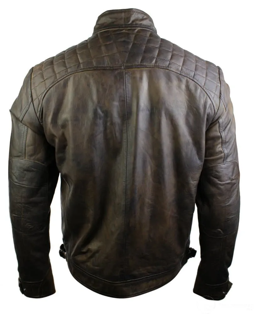 Real Leather Retro Style Zipped Mens Biker Jacket Soft Brown Vintage Look