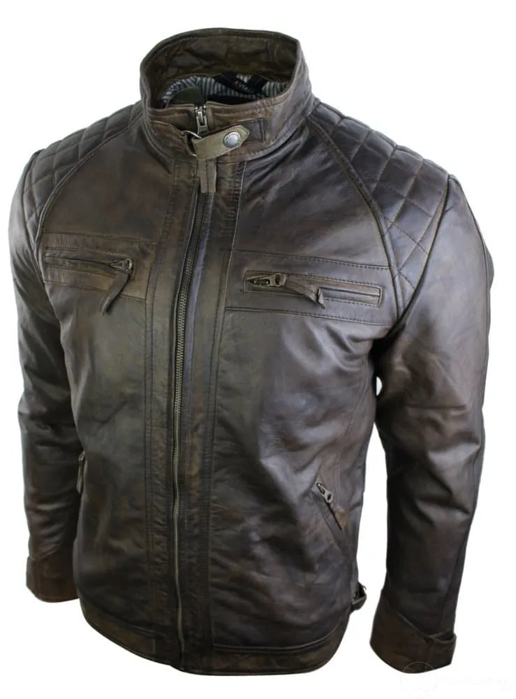 Real Leather Retro Style Zipped Mens Biker Jacket Soft Brown Vintage Look