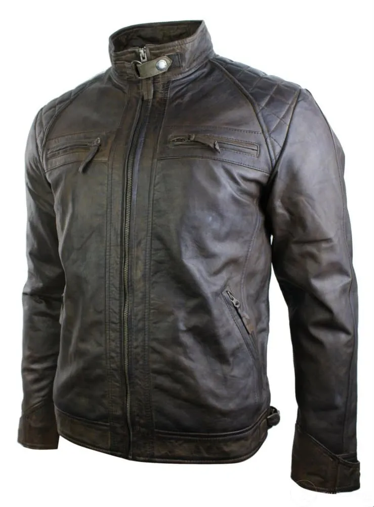 Real Leather Retro Style Zipped Mens Biker Jacket Soft Brown Vintage Look