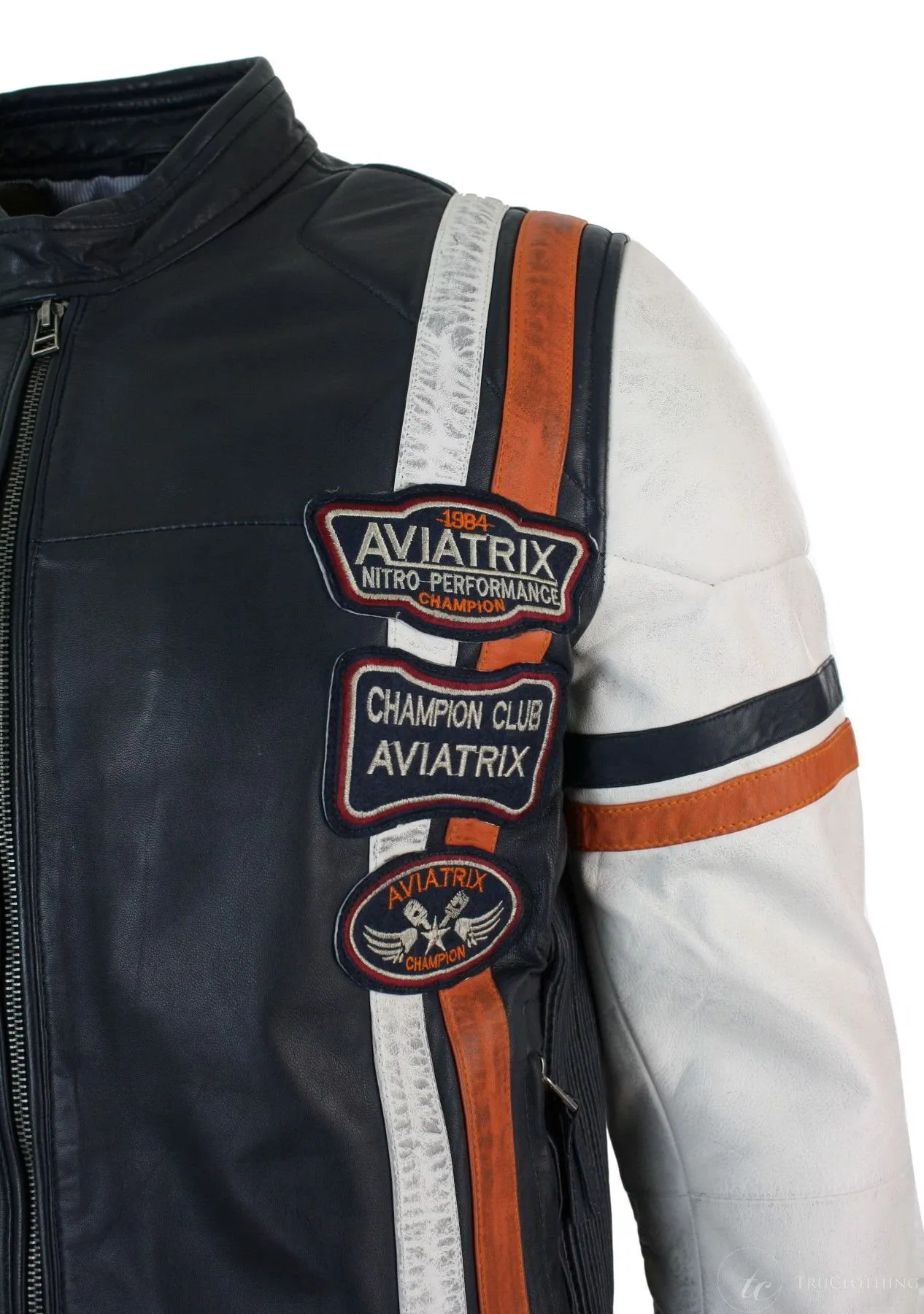 Real Leather Retro Vintage Navy Blue White Mens Biker Jacket Badge Design Casual