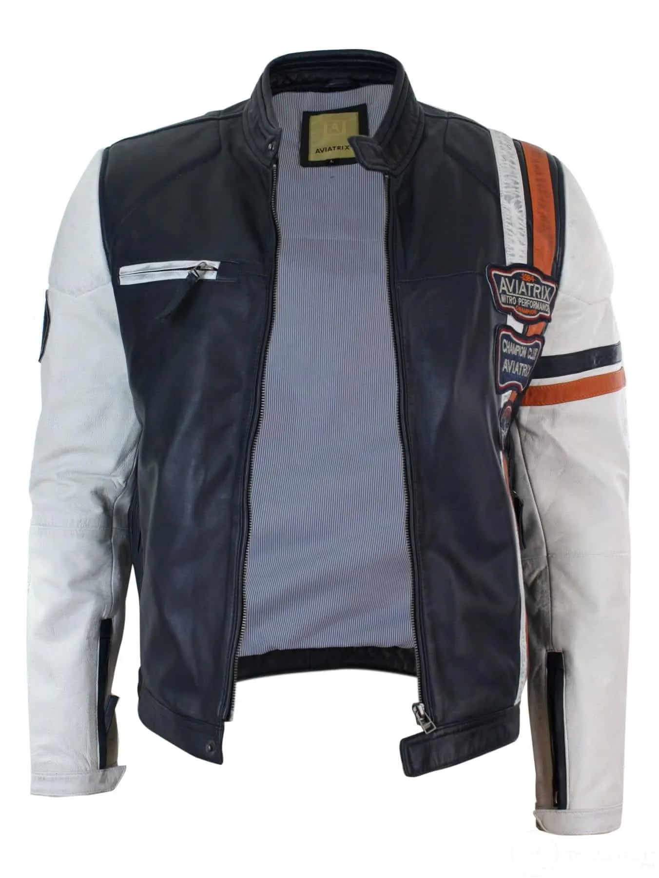 Real Leather Retro Vintage Navy Blue White Mens Biker Jacket Badge Design Casual