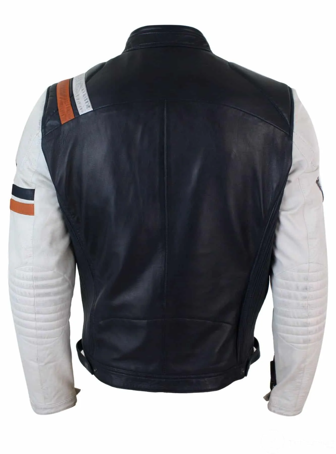 Real Leather Retro Vintage Navy Blue White Mens Biker Jacket Badge Design Casual