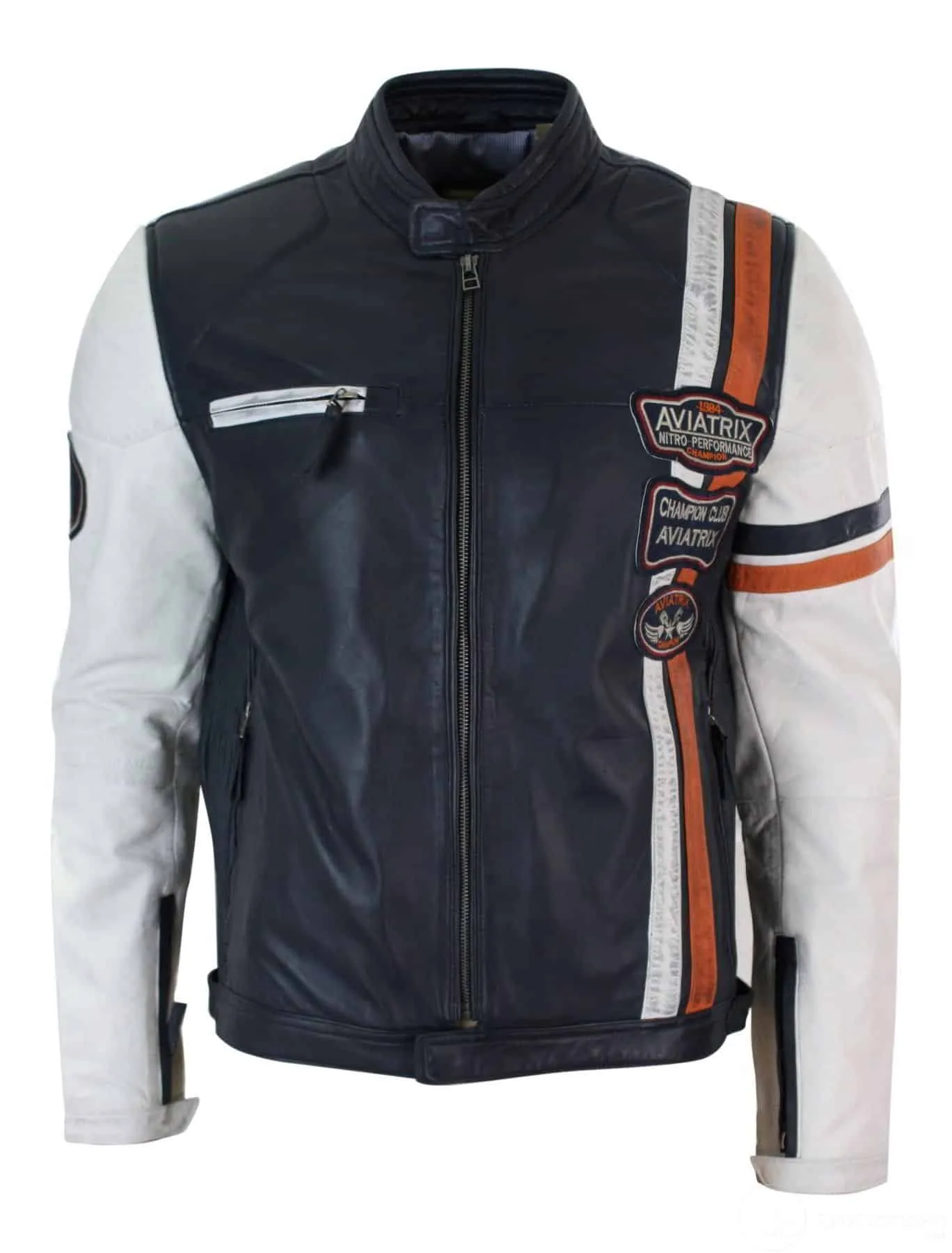 Real Leather Retro Vintage Navy Blue White Mens Biker Jacket Badge Design Casual