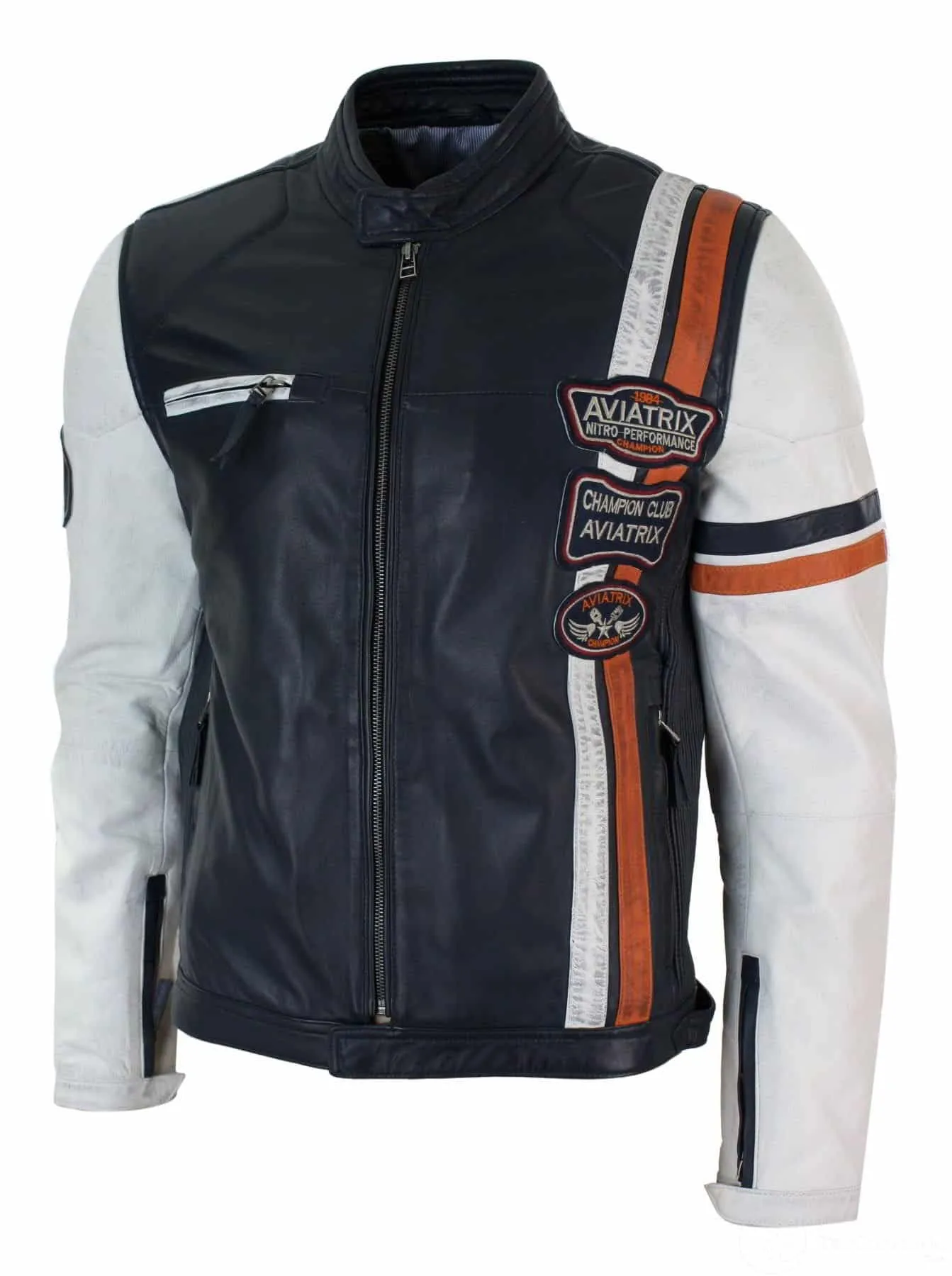 Real Leather Retro Vintage Navy Blue White Mens Biker Jacket Badge Design Casual