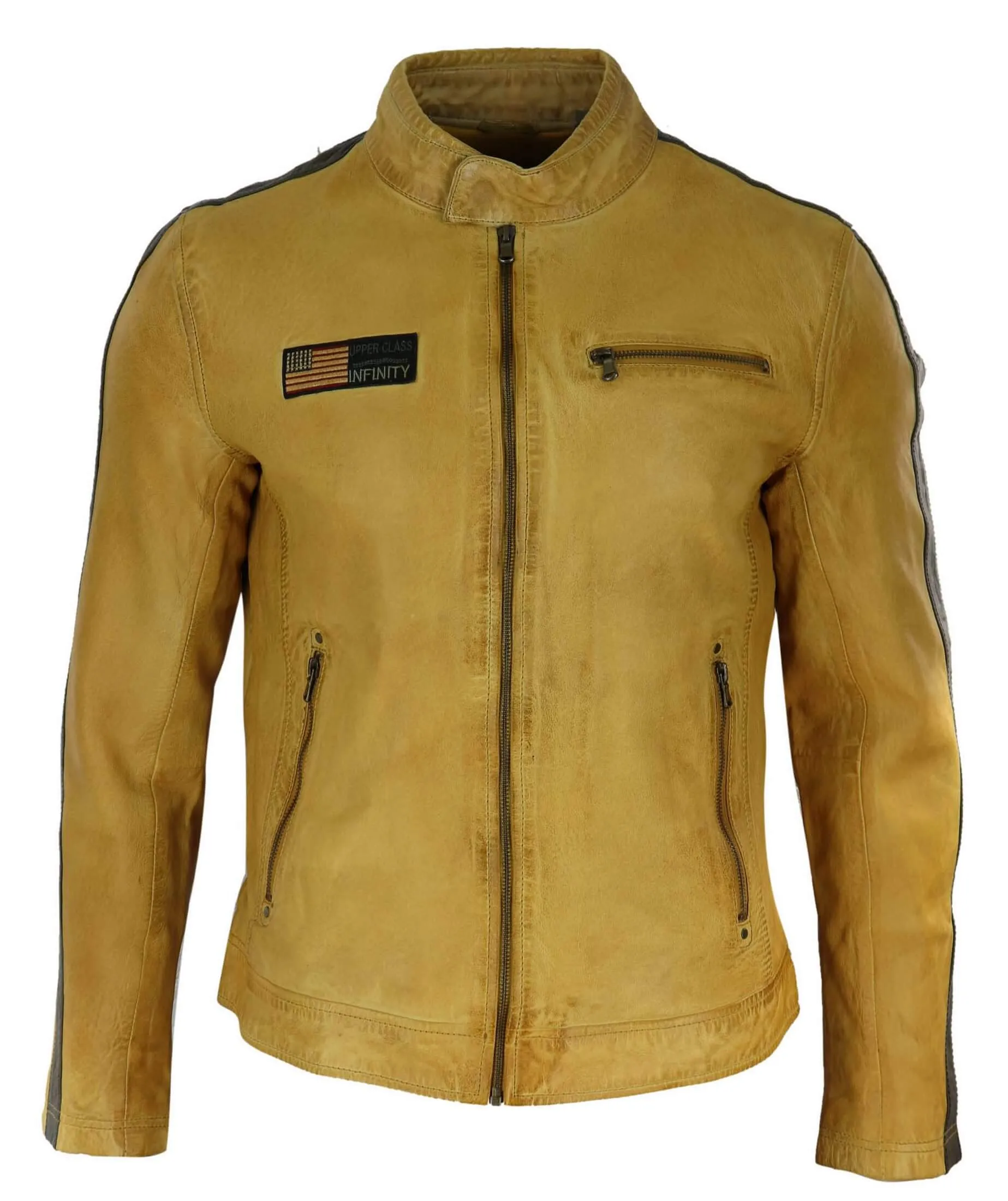 Real Leather Short Racing Mens Yellow Jacket