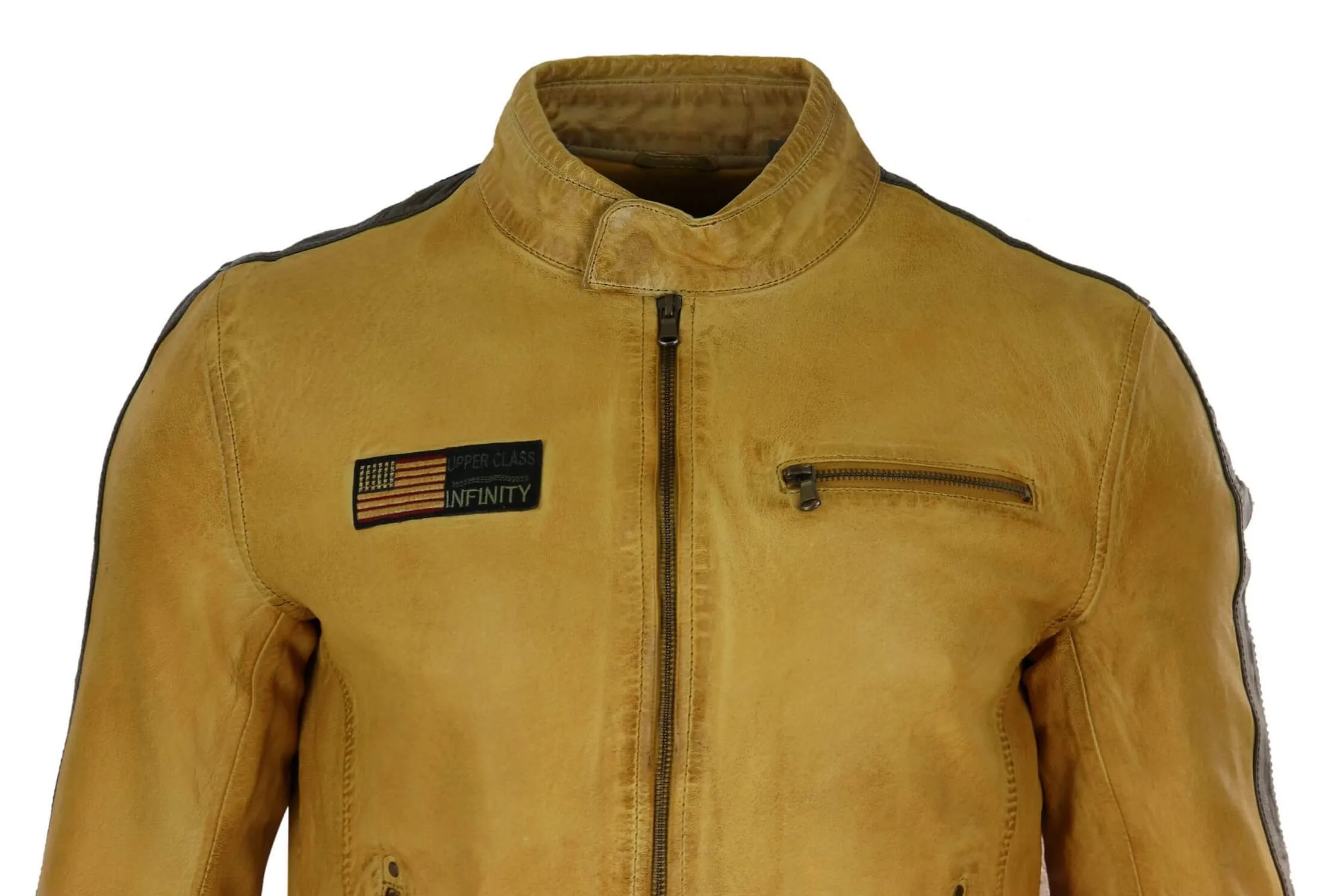 Real Leather Short Racing Mens Yellow Jacket