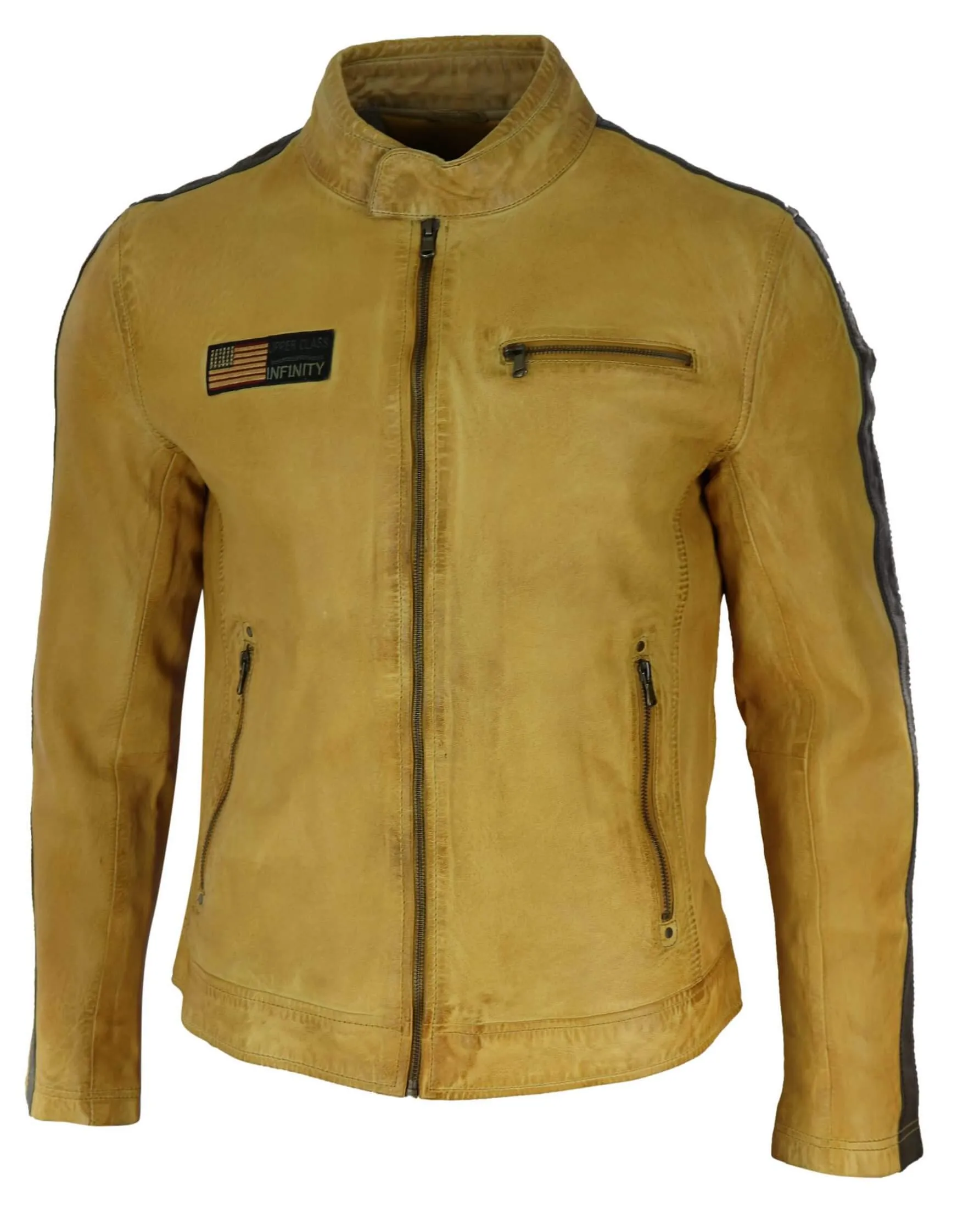 Real Leather Short Racing Mens Yellow Jacket