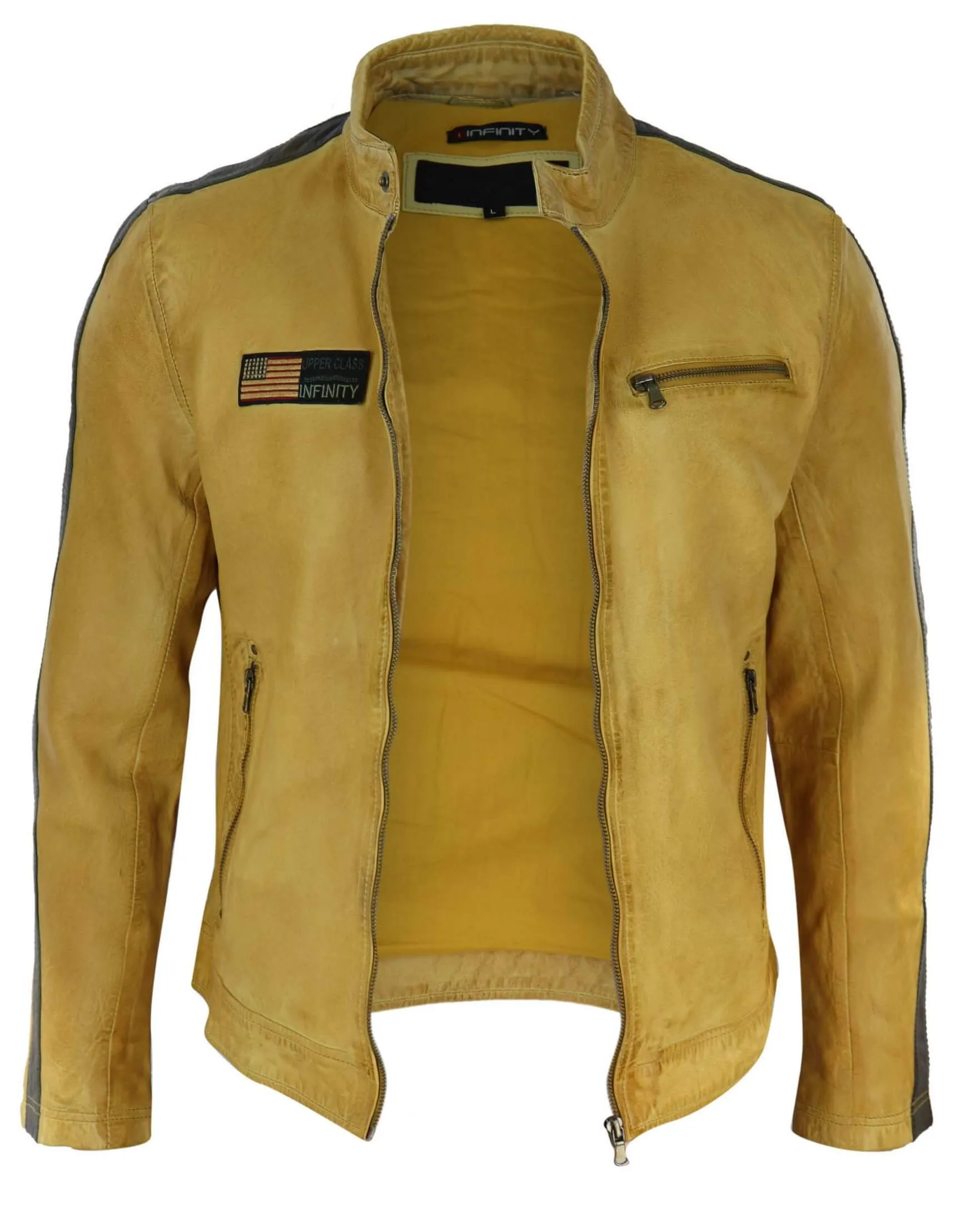 Real Leather Short Racing Mens Yellow Jacket