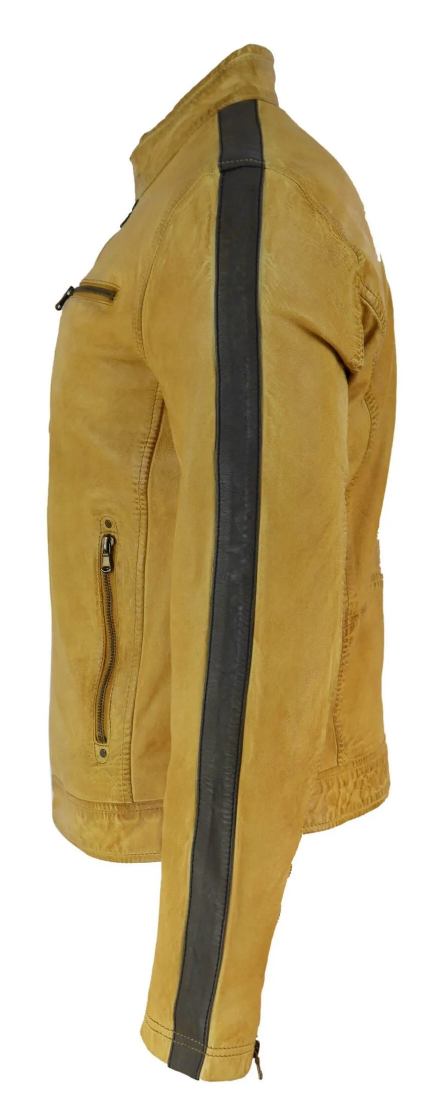 Real Leather Short Racing Mens Yellow Jacket