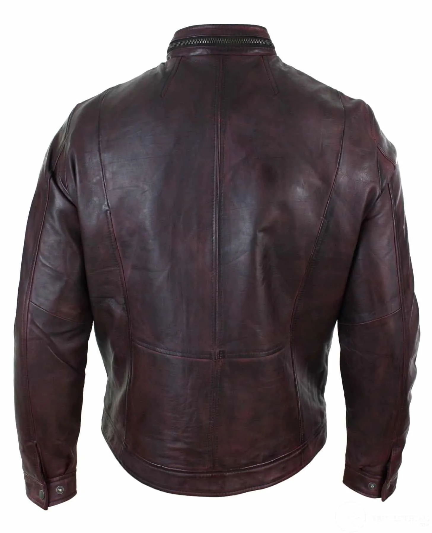 Real Leather Short Zipped Casual Wine Burgundy Retro Mens Biker Jacket Washed Vintage