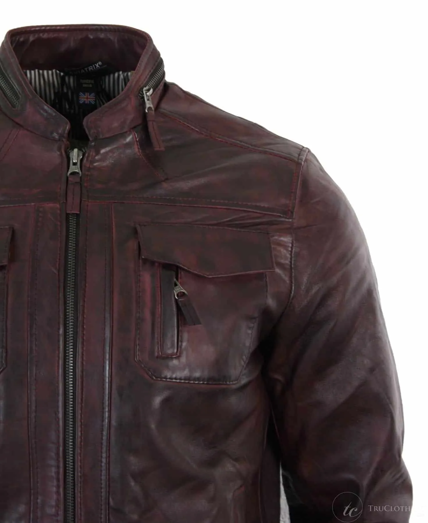 Real Leather Short Zipped Casual Wine Burgundy Retro Mens Biker Jacket Washed Vintage