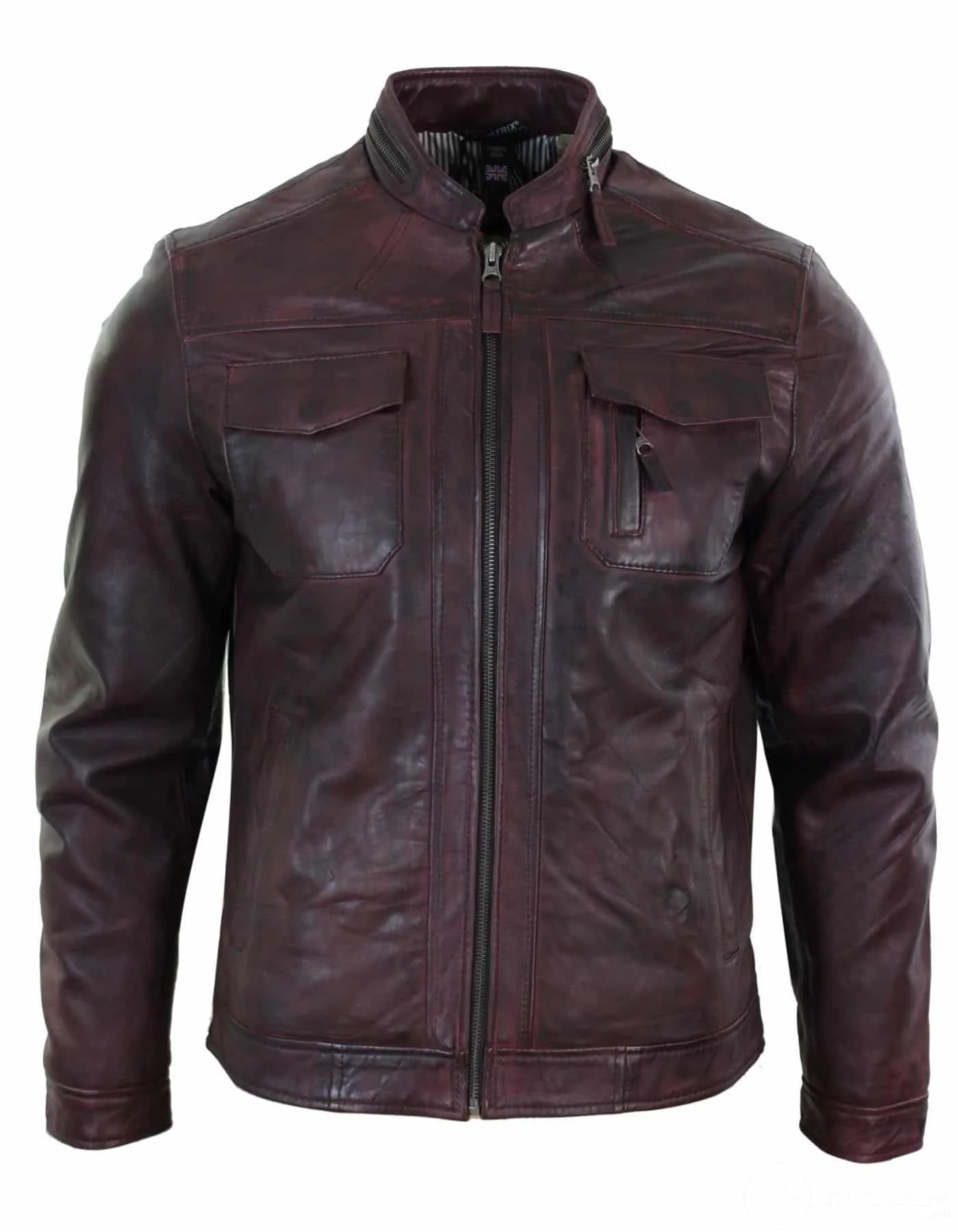 Real Leather Short Zipped Casual Wine Burgundy Retro Mens Biker Jacket Washed Vintage