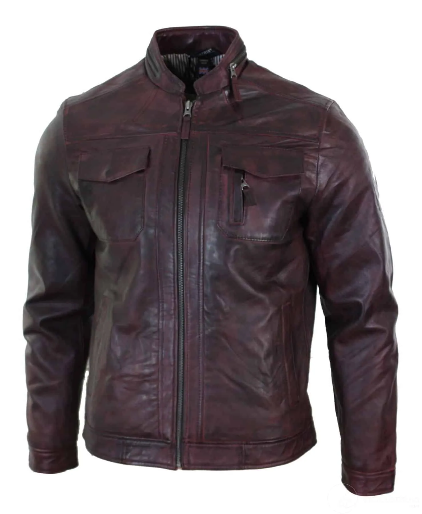 Real Leather Short Zipped Casual Wine Burgundy Retro Mens Biker Jacket Washed Vintage