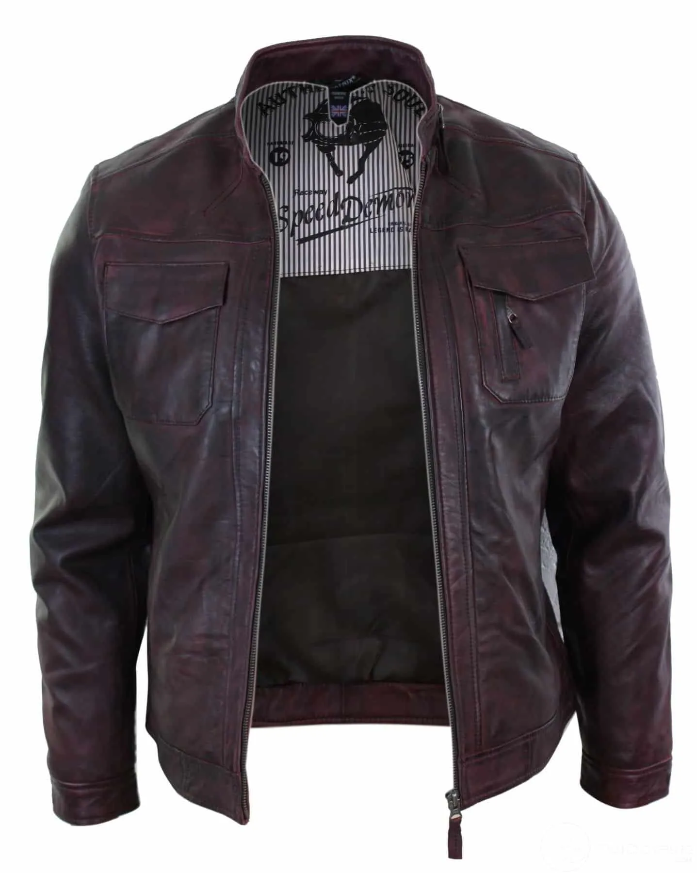 Real Leather Short Zipped Casual Wine Burgundy Retro Mens Biker Jacket Washed Vintage