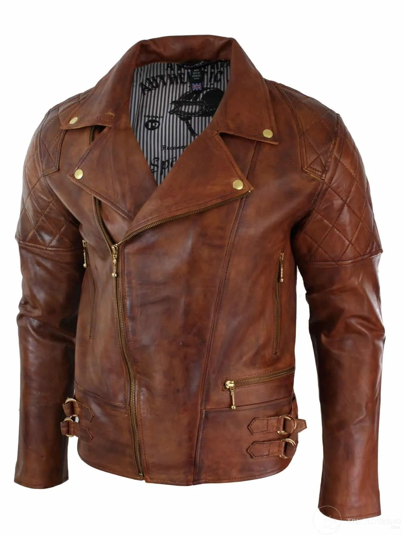 Real Leather Slim Fit Cross Zip Retro Vintage Brown Biker Punk Rock Mens Jacket-Nevada Timber