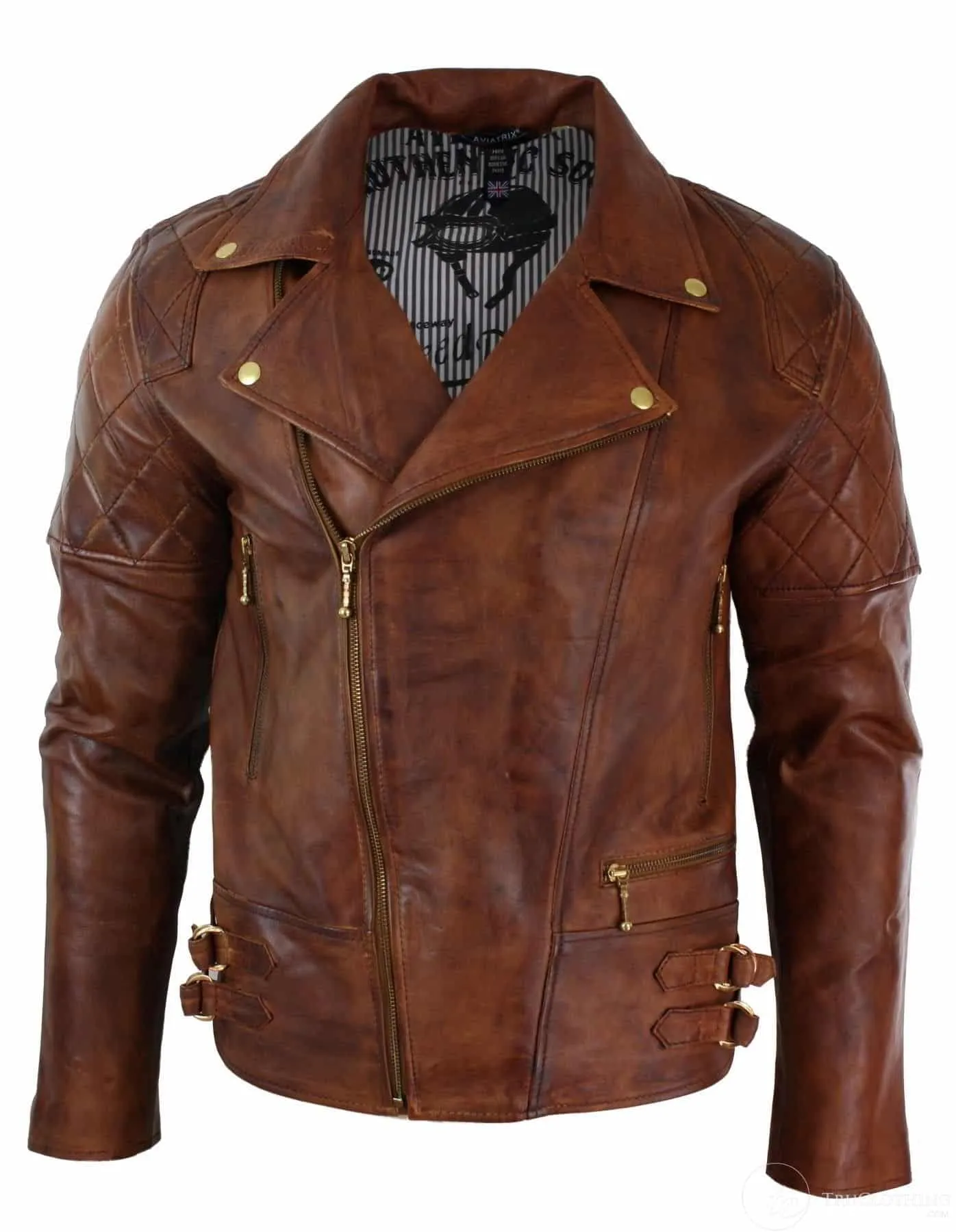 Real Leather Slim Fit Cross Zip Retro Vintage Brown Biker Punk Rock Mens Jacket-Nevada Timber