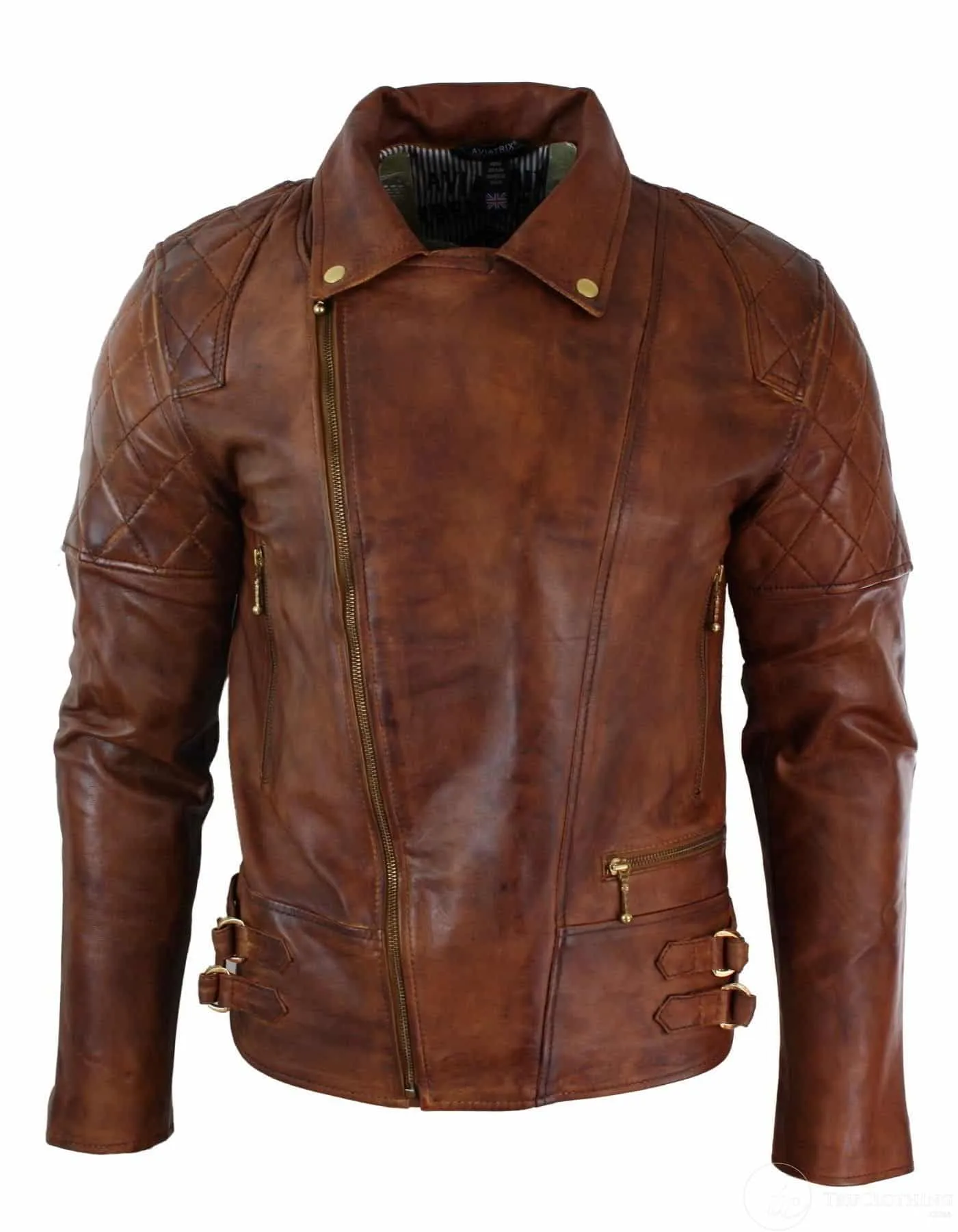 Real Leather Slim Fit Cross Zip Retro Vintage Brown Biker Punk Rock Mens Jacket-Nevada Timber