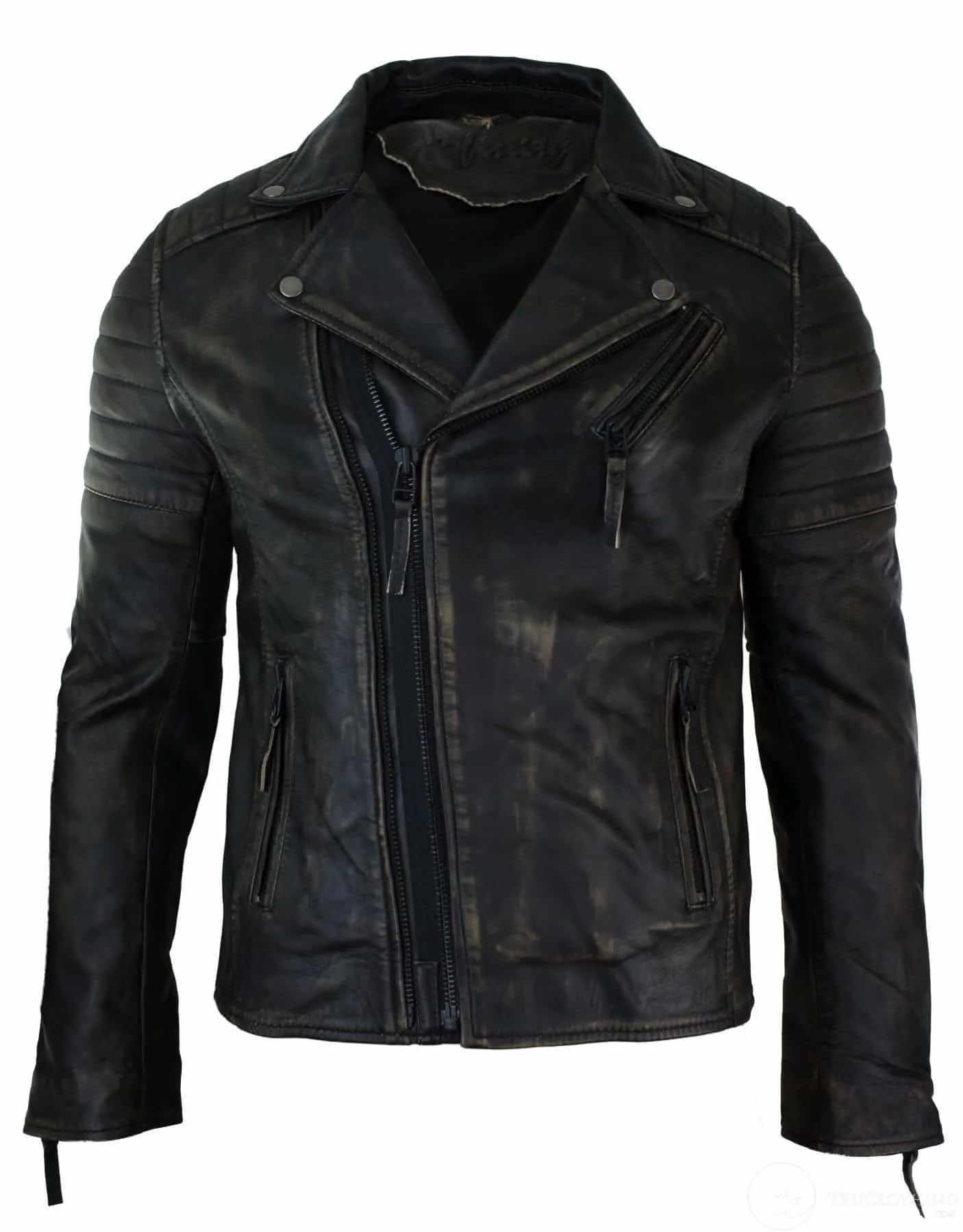 Real Leather Slim Fit Mens Cross Zip Retro Vintage Brando Jacket Vintage Biker-Ruboff Black