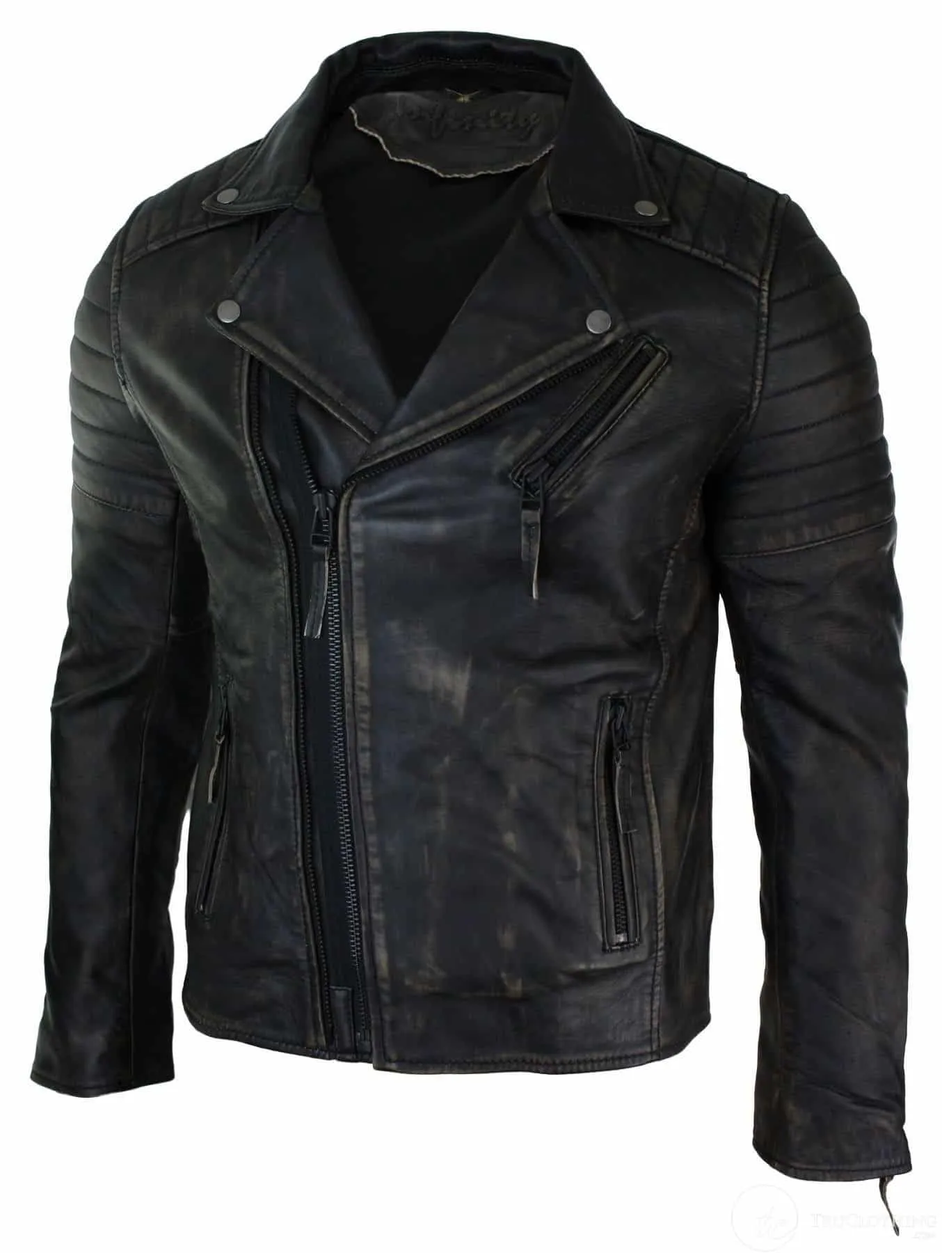 Real Leather Slim Fit Mens Cross Zip Retro Vintage Brando Jacket Vintage Biker-Ruboff Black