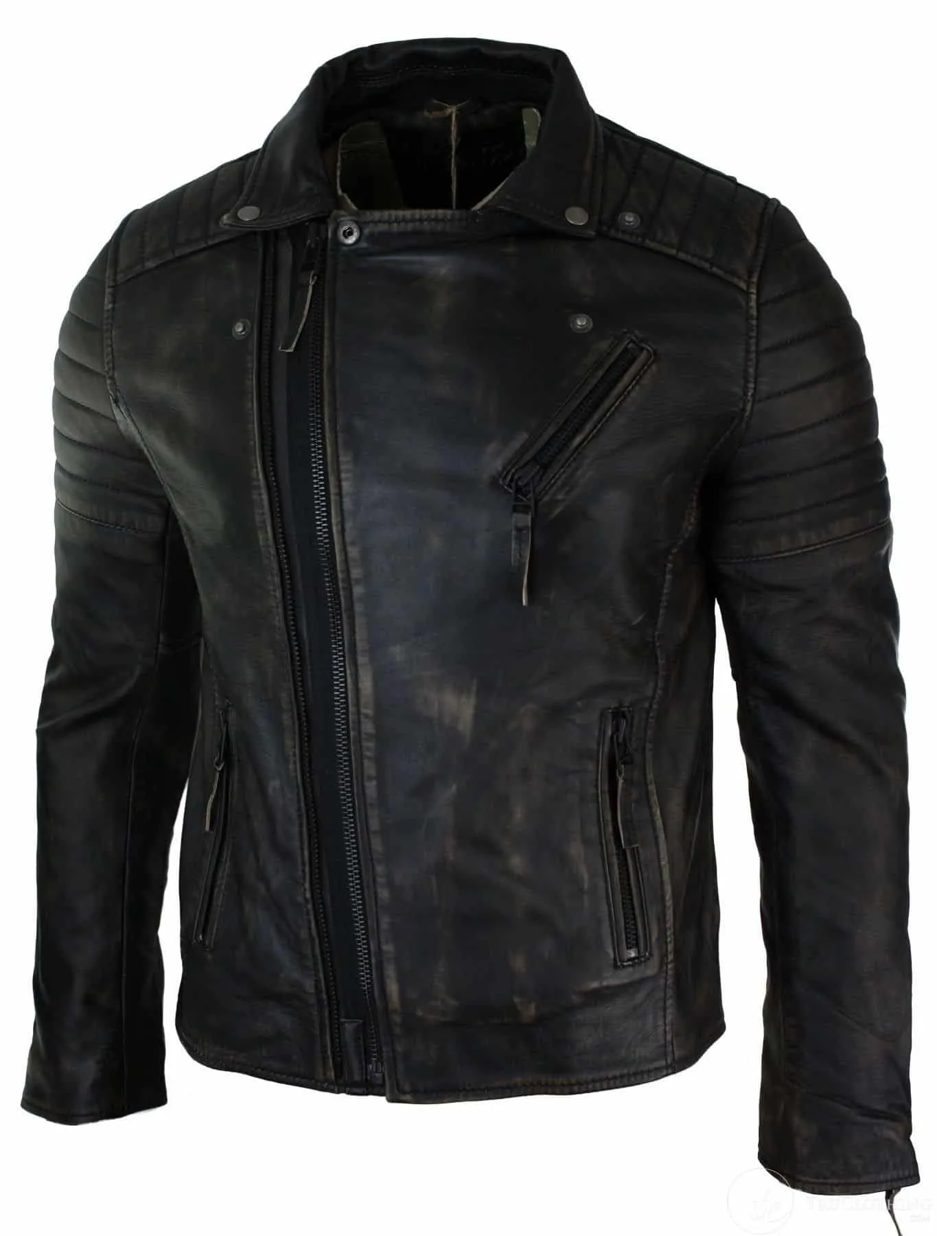 Real Leather Slim Fit Mens Cross Zip Retro Vintage Brando Jacket Vintage Biker-Ruboff Black