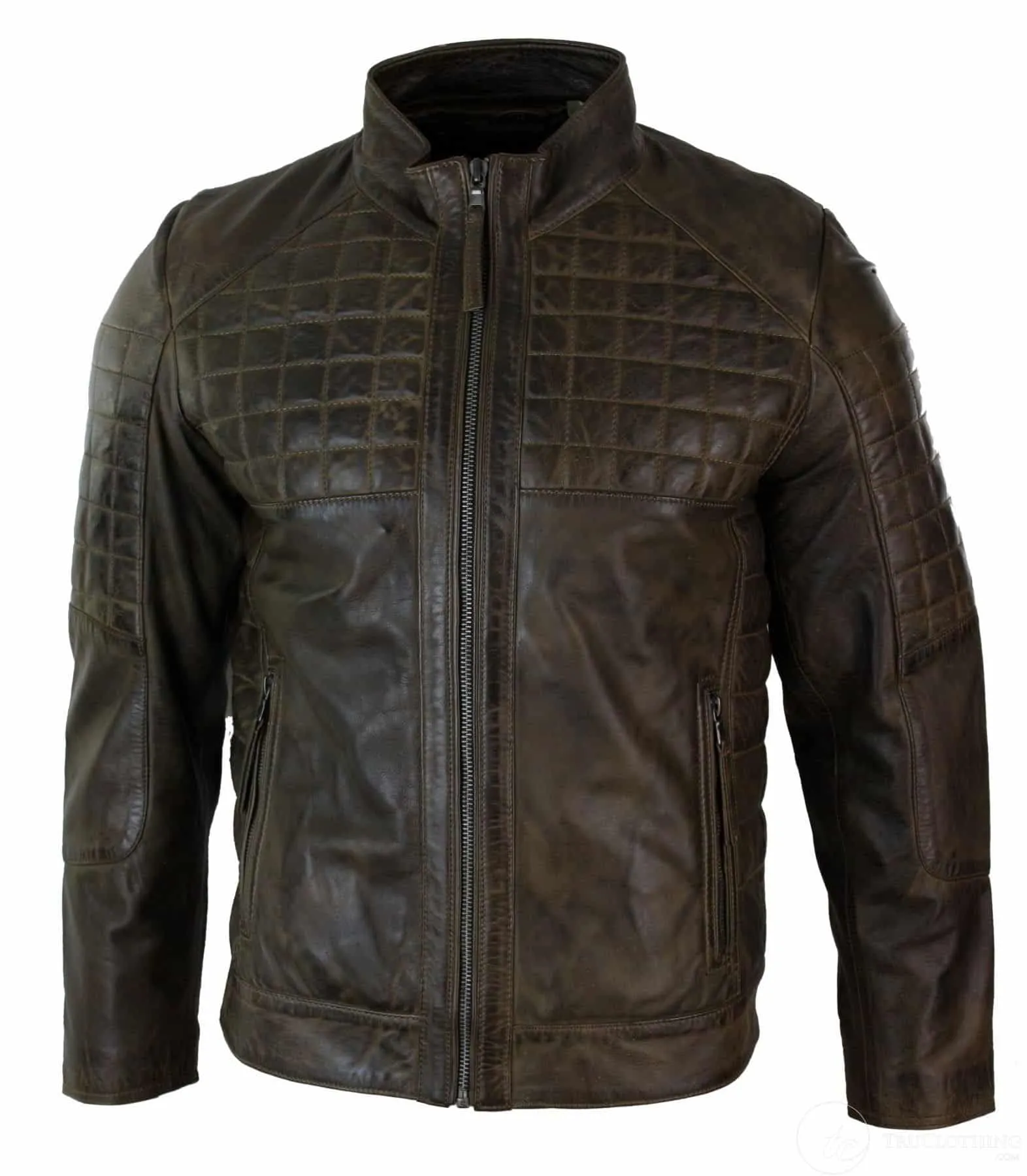 Real Leather Tailored Fit Stitch Designer Mens Zipped Biker Jacket-Brown