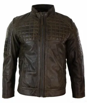 Real Leather Tailored Fit Stitch Designer Mens Zipped Biker Jacket-Brown