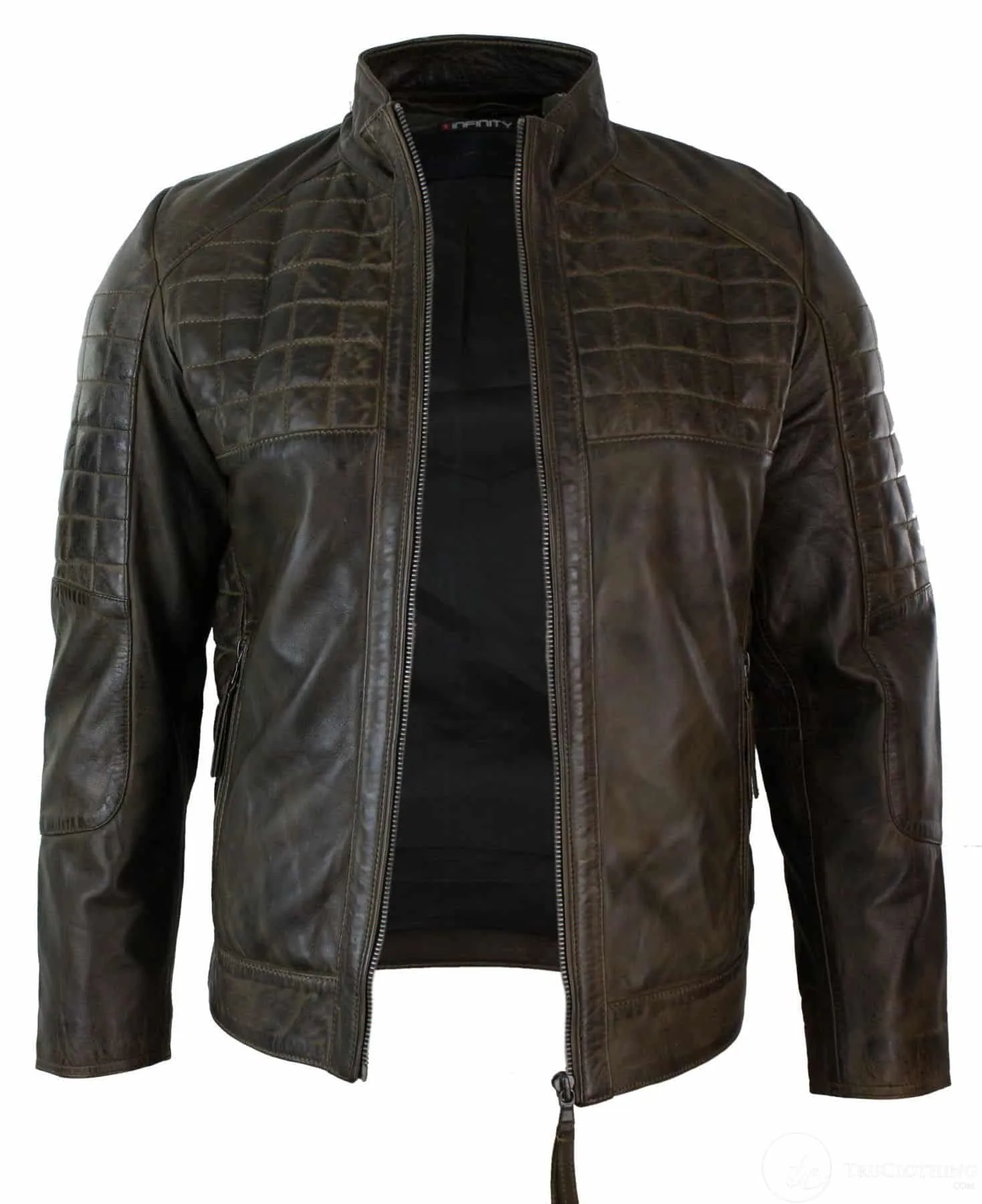 Real Leather Tailored Fit Stitch Designer Mens Zipped Biker Jacket-Brown