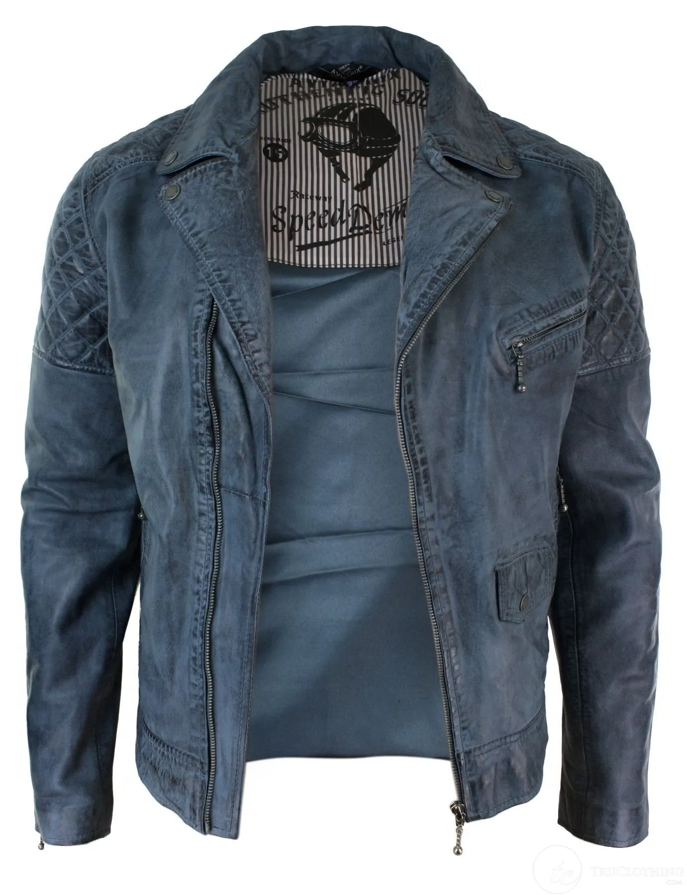 Real Leather Vintage Washed Biker Mens Jacket Cross Zip Retro Casual - Blue Colour