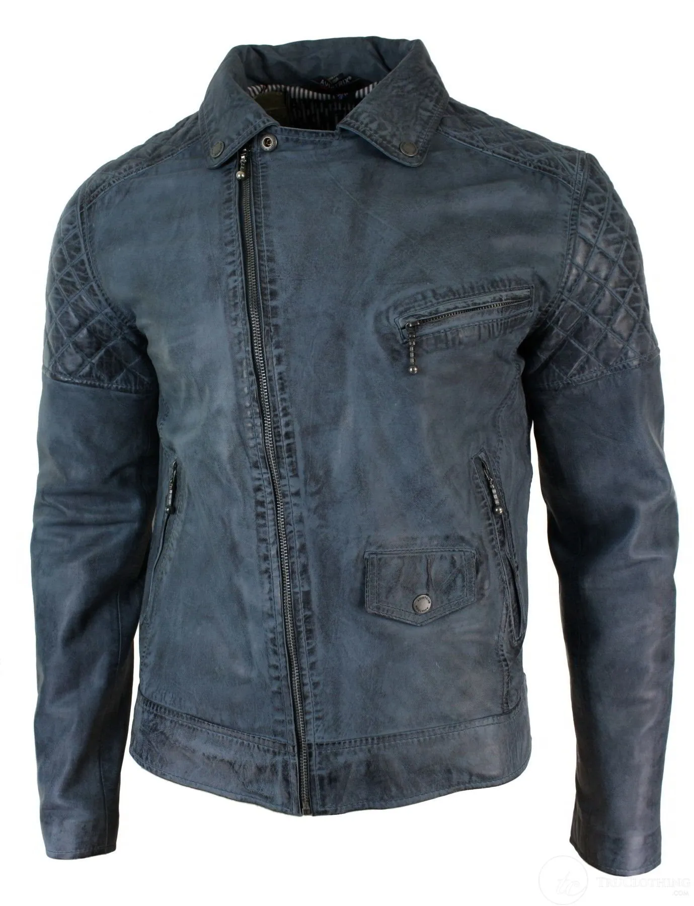 Real Leather Vintage Washed Biker Mens Jacket Cross Zip Retro Casual - Blue Colour