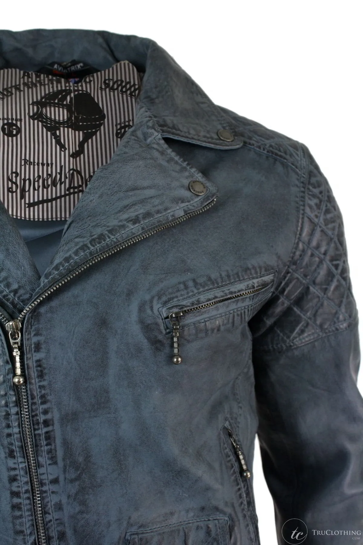 Real Leather Vintage Washed Biker Mens Jacket Cross Zip Retro Casual - Blue Colour