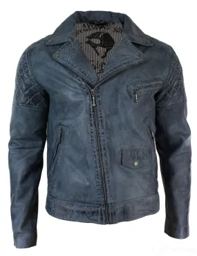 Real Leather Vintage Washed Biker Mens Jacket Cross Zip Retro Casual - Blue Colour