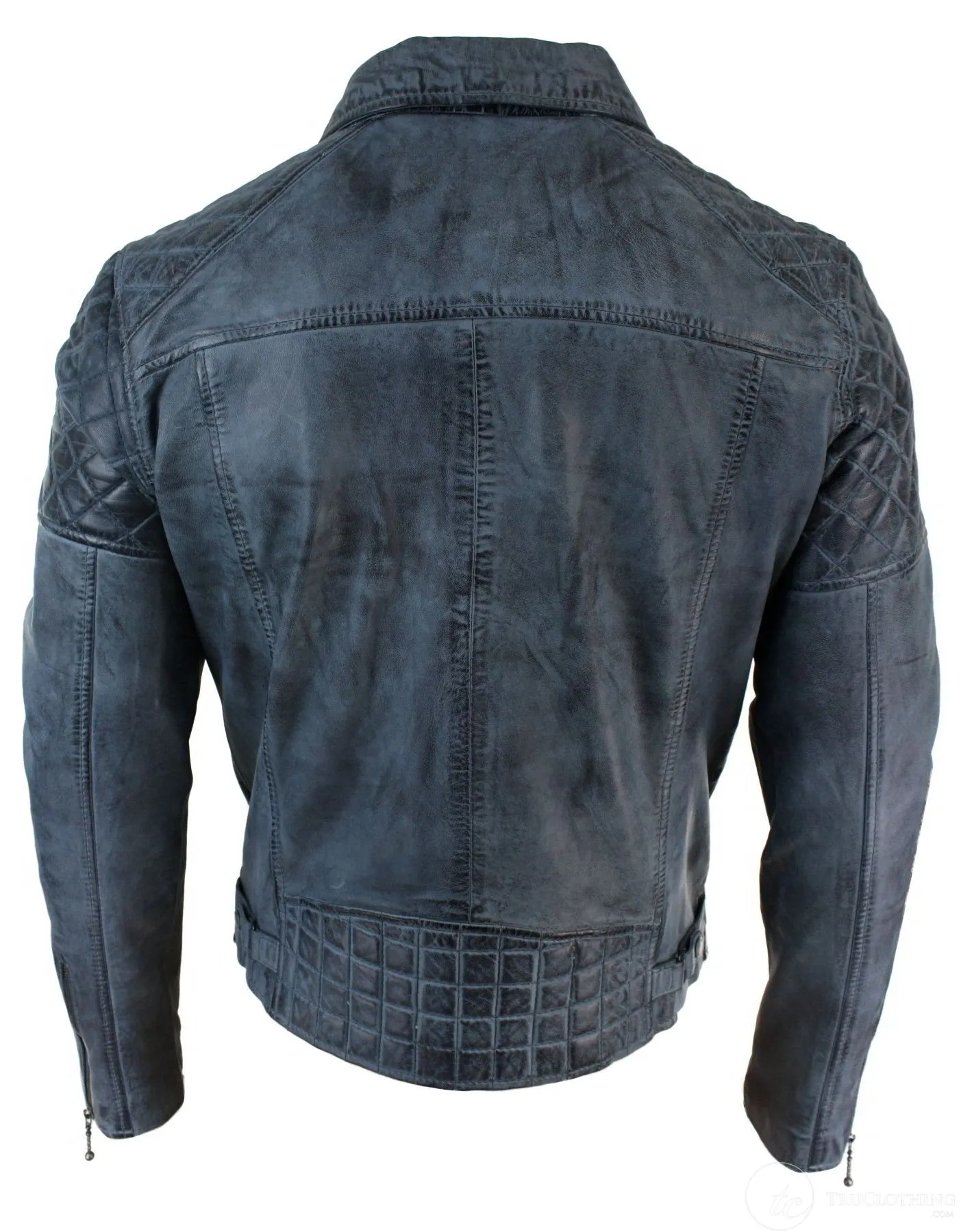 Real Leather Vintage Washed Biker Mens Jacket Cross Zip Retro Casual - Blue Colour