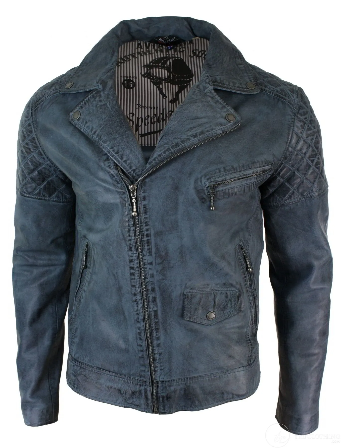 Real Leather Vintage Washed Biker Mens Jacket Cross Zip Retro Casual - Blue Colour