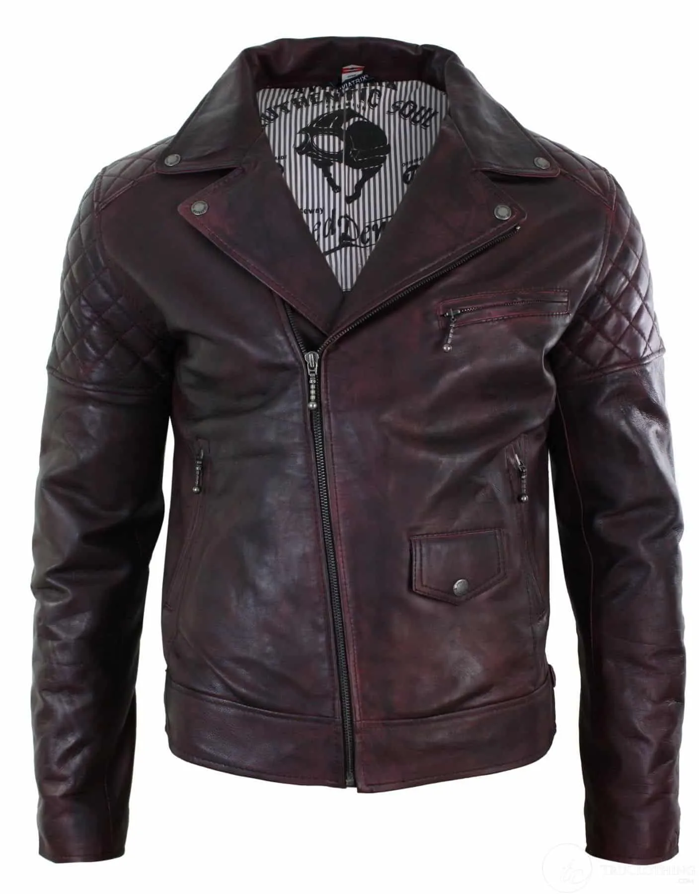 Real Leather Vintage Washed Brown Black Burgundy Blue Timber Mens Biker Jacket Cross Zip Retro Casual-Pepsi Burgundy