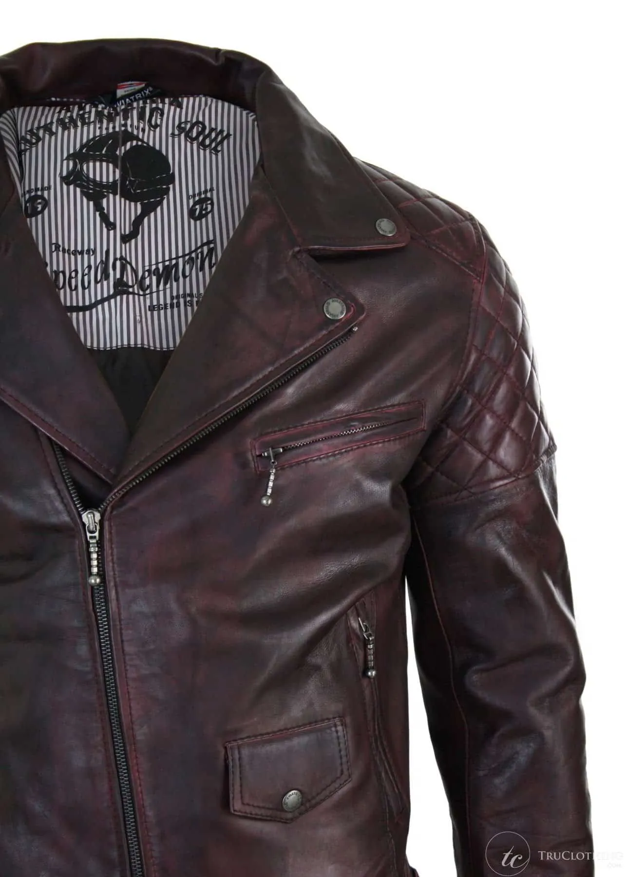 Real Leather Vintage Washed Brown Black Burgundy Blue Timber Mens Biker Jacket Cross Zip Retro Casual-Pepsi Burgundy