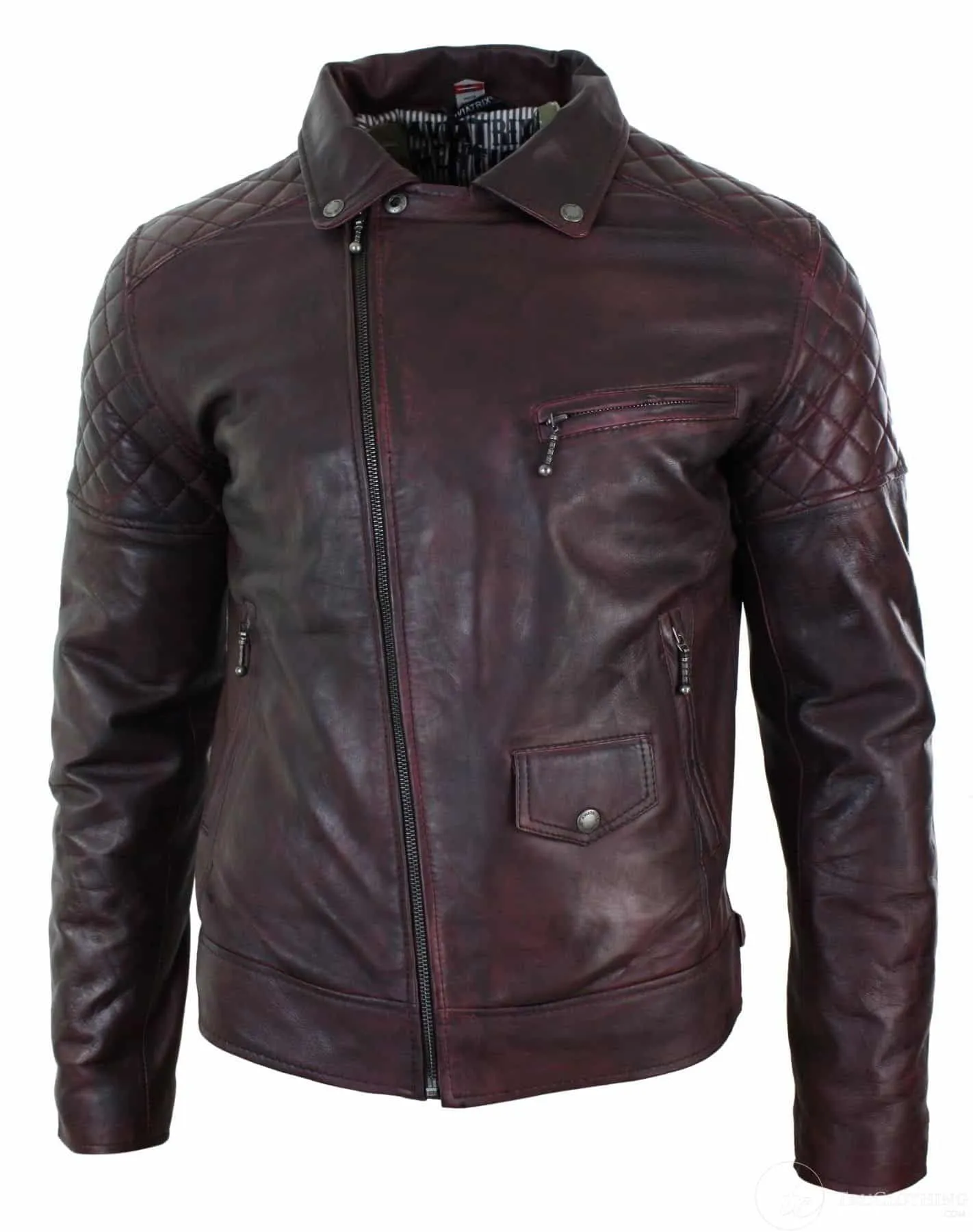 Real Leather Vintage Washed Brown Black Burgundy Blue Timber Mens Biker Jacket Cross Zip Retro Casual-Pepsi Burgundy