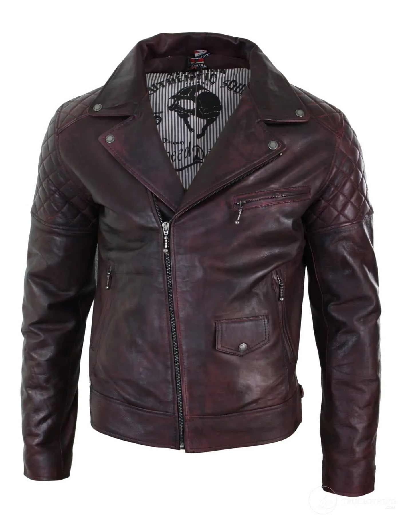 Real Leather Vintage Washed Brown Black Burgundy Blue Timber Mens Biker Jacket Cross Zip Retro Casual-Pepsi Burgundy