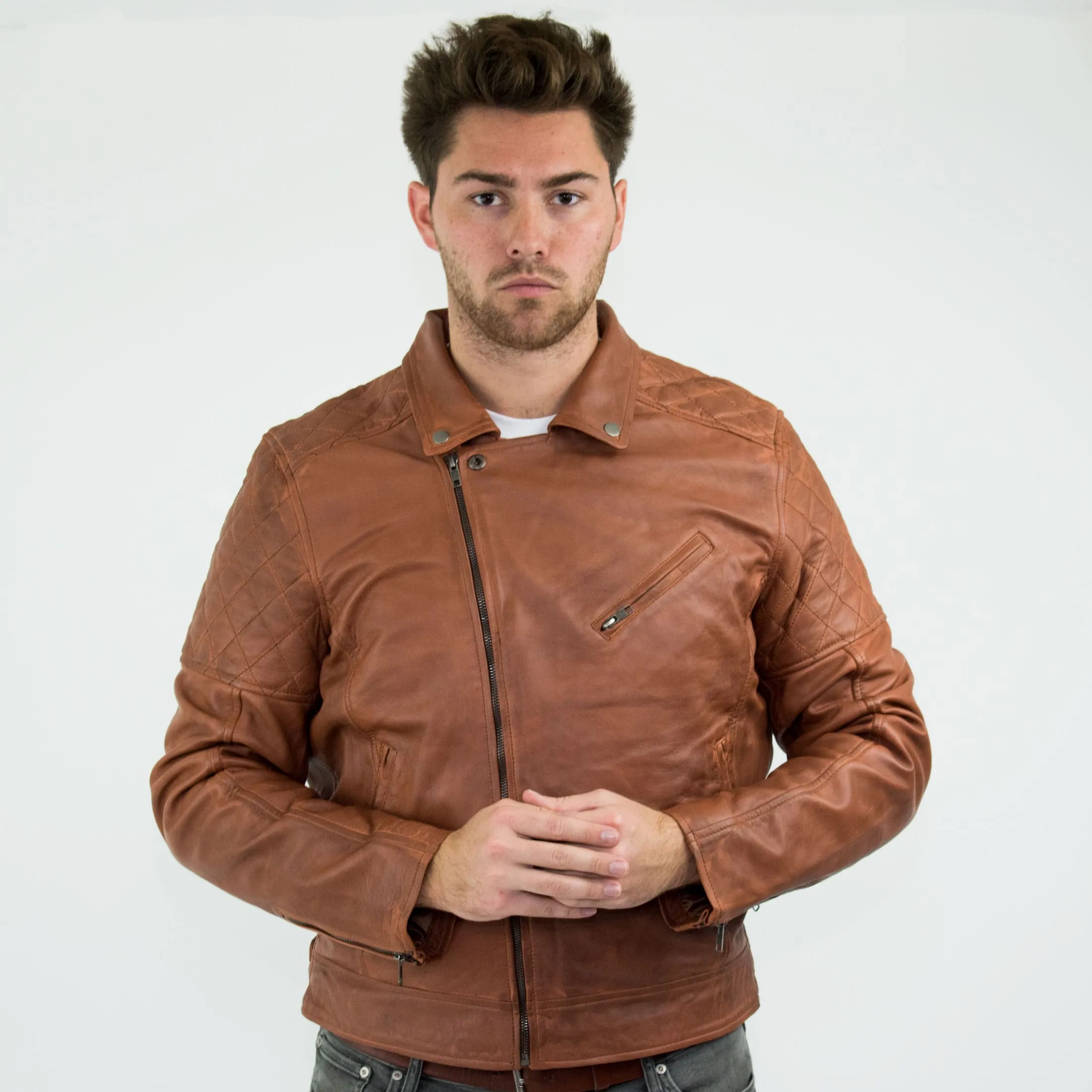 Real Leather Vintage Washed Brown Timber Mens Biker Jacket Cross Zip Retro Casual-Nevada Timber