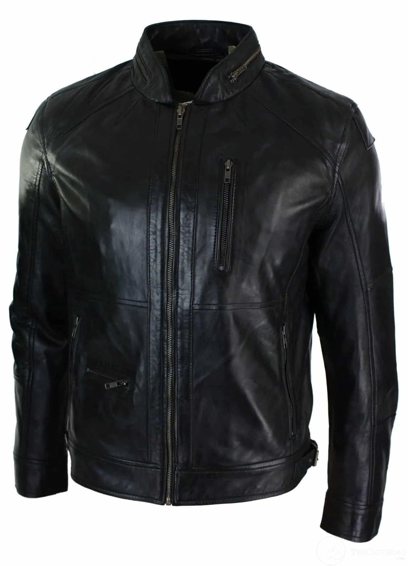 Real Leather Zipped Biker Style Smart Casual Men's Jacket Black Brown Olive Urban-Black