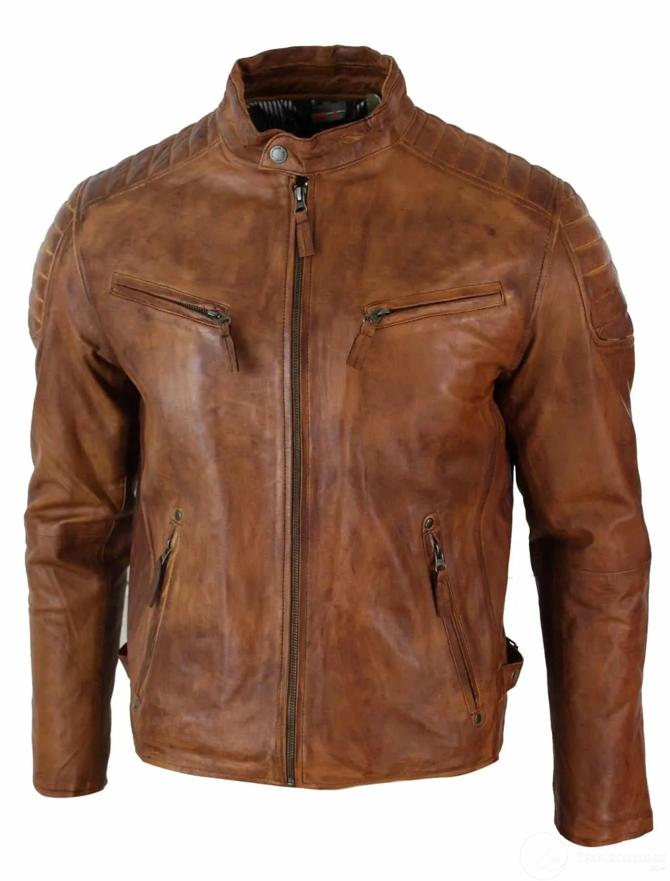 Real Washed Leather Slim Fit Retro Style Zipped Mens Biker Jacket Tan Brown Blue Urban-Nevada Timber