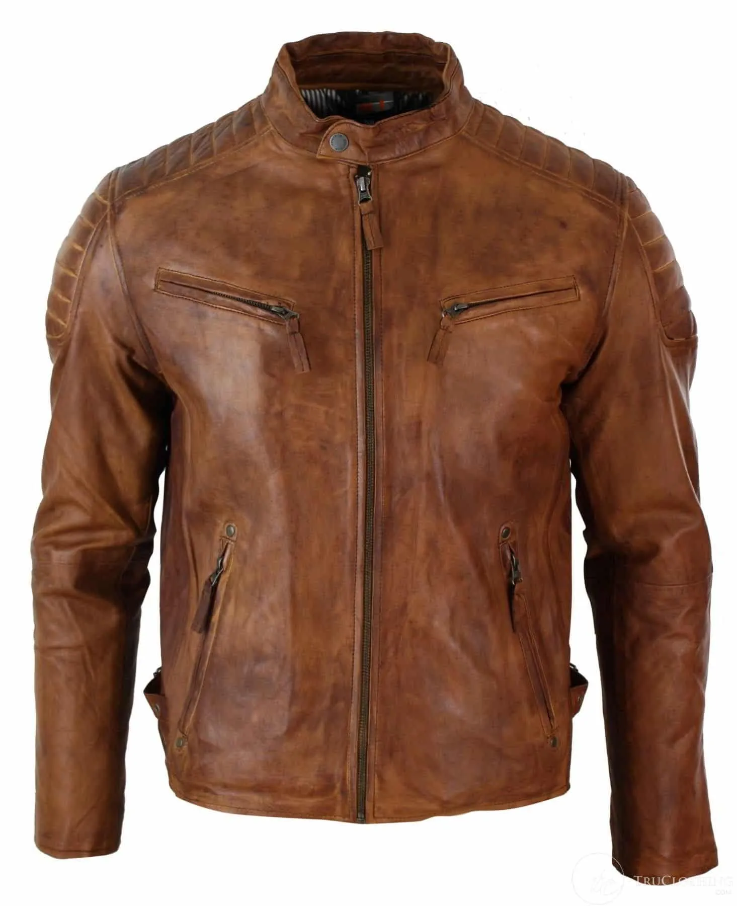 Real Washed Leather Slim Fit Retro Style Zipped Mens Biker Jacket Tan Brown Blue Urban-Nevada Timber