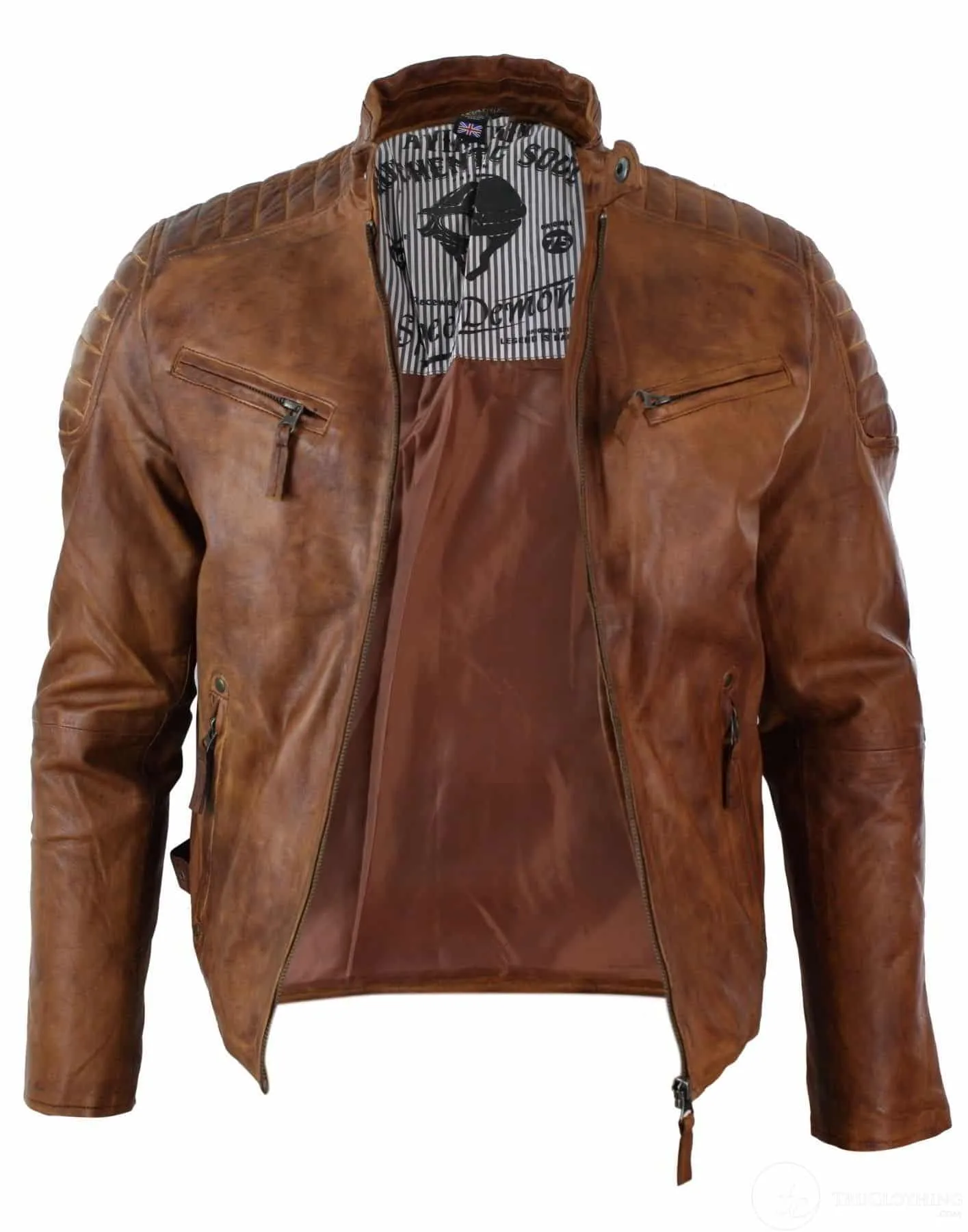 Real Washed Leather Slim Fit Retro Style Zipped Mens Biker Jacket Tan Brown Blue Urban-Nevada Timber