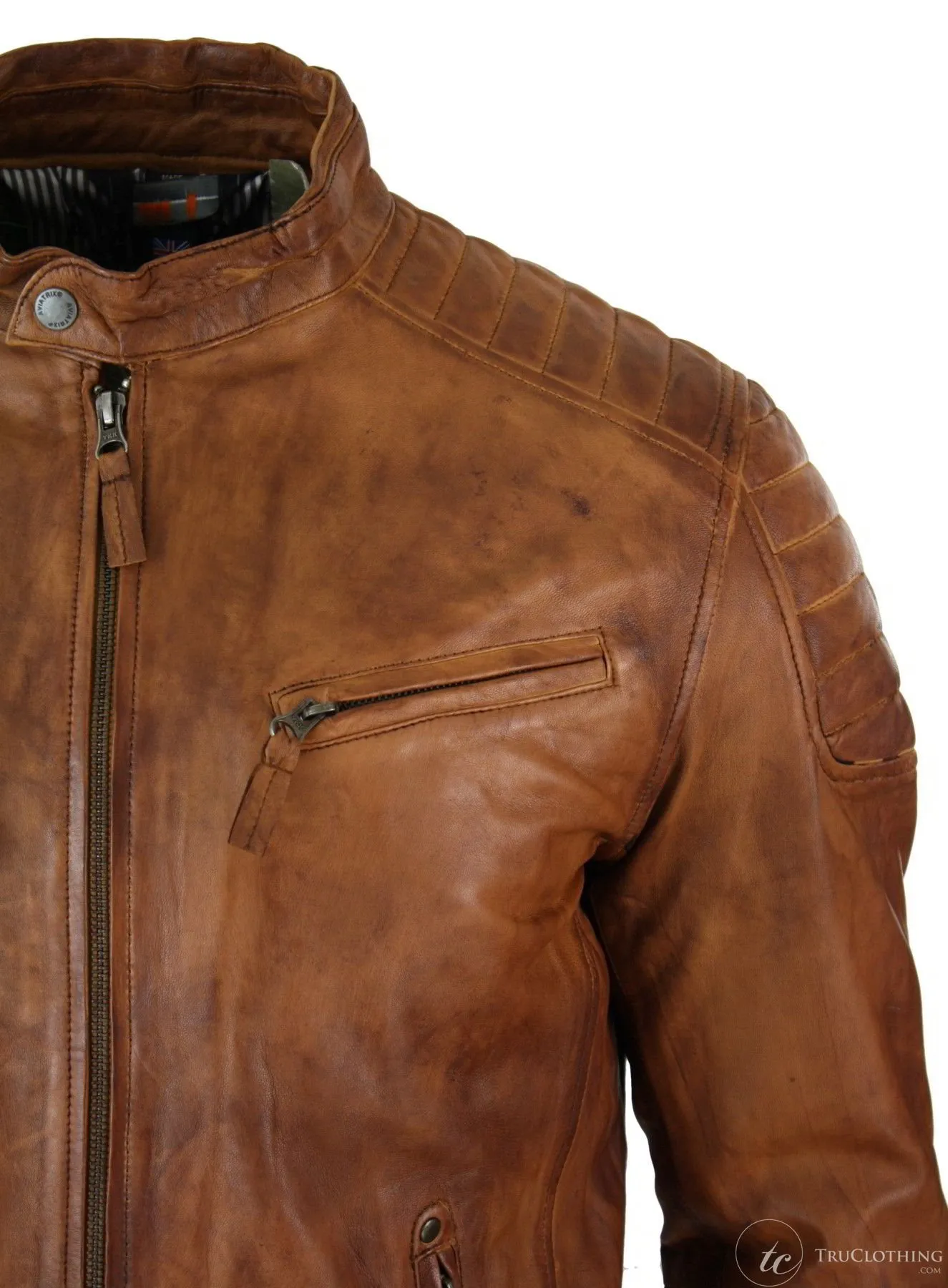 Real Washed Leather Slim Fit Retro Style Zipped Mens Biker Jacket Tan Brown Blue Urban-Nevada Timber