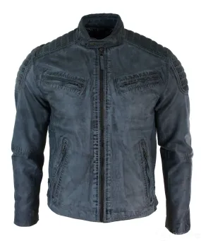 Real Washed Leather Slim Fit Retro Style Zipped Mens Biker Jacket Tan Brown Blue Urban-Zulu Blue